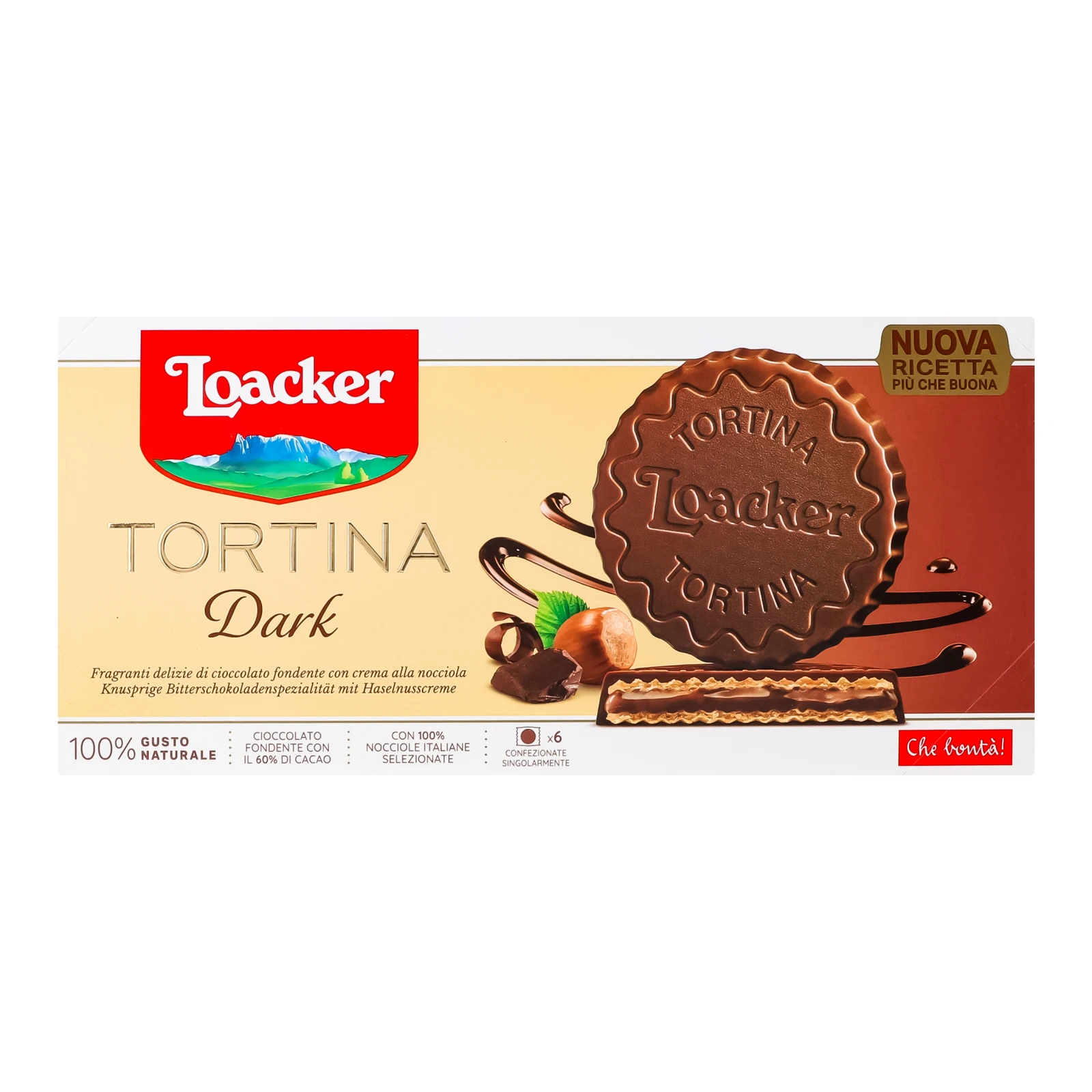 Шоколад Loacker Tortina Dark чорний із горіховою кремовою начинкою та хрусткими вафлями 6х21г
