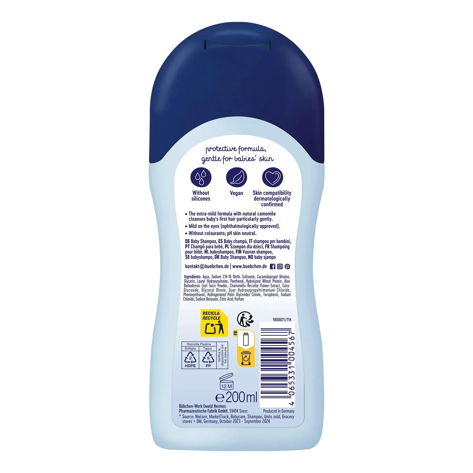 Шампунь Bubchen Ніжний догляд для дітей з екстрактом ромашки та протеїнами пшениці 200мл Фото №:2