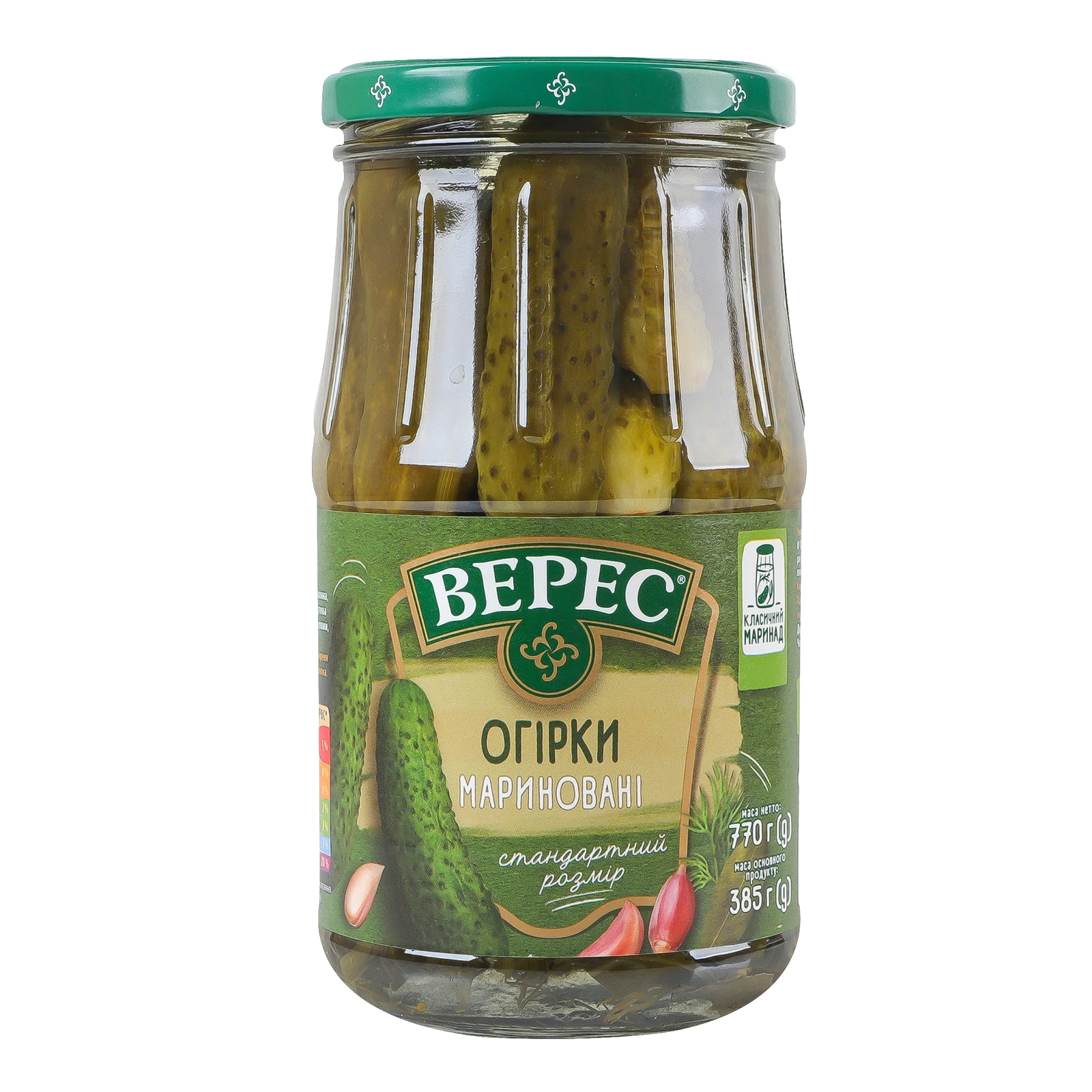 Огірки Верес мариновані слабокислі стерилізовані 770г Фото №:1