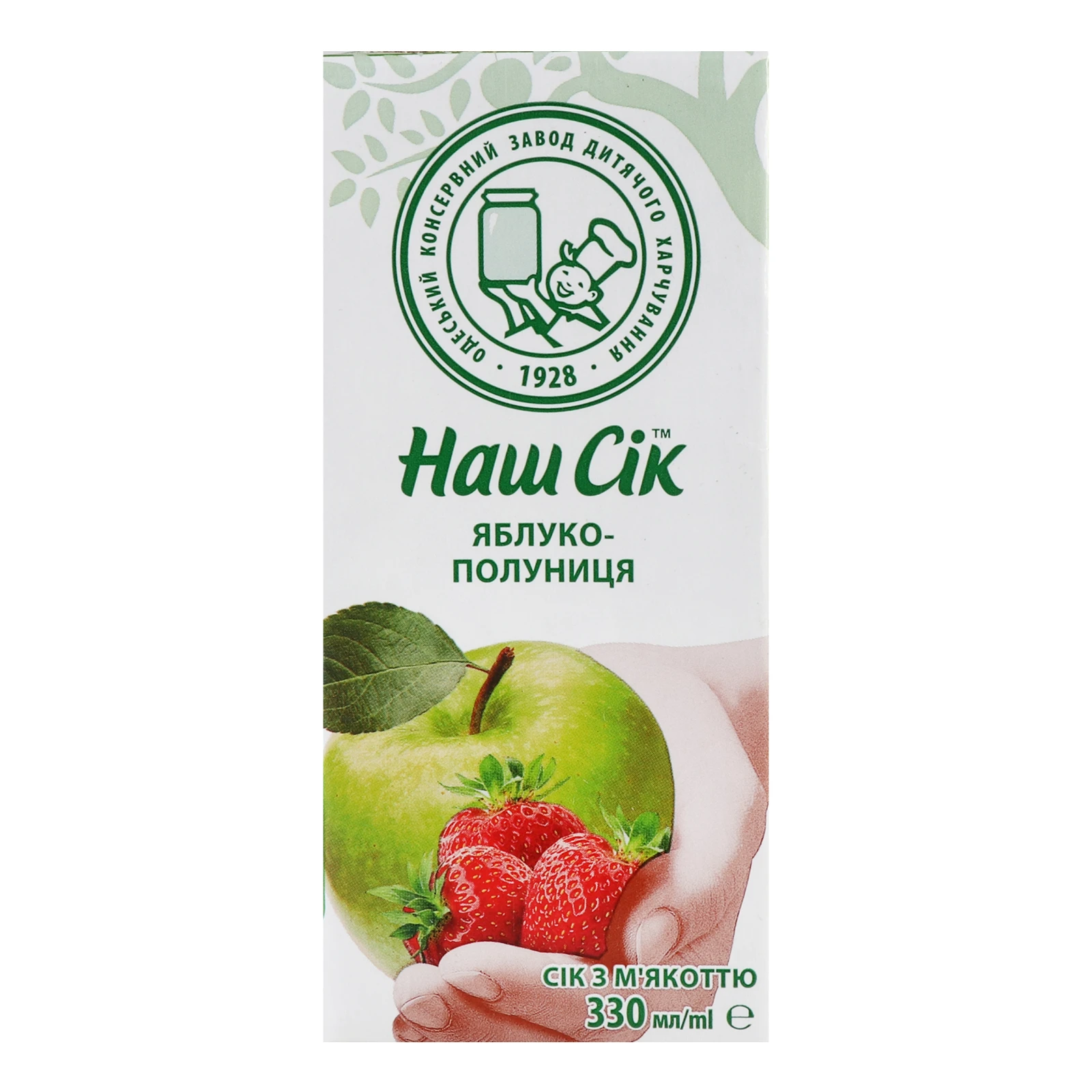Сік Наш сік з м'якоттю пастеризований Яблуко-полуниця 330мл Фото №:1
