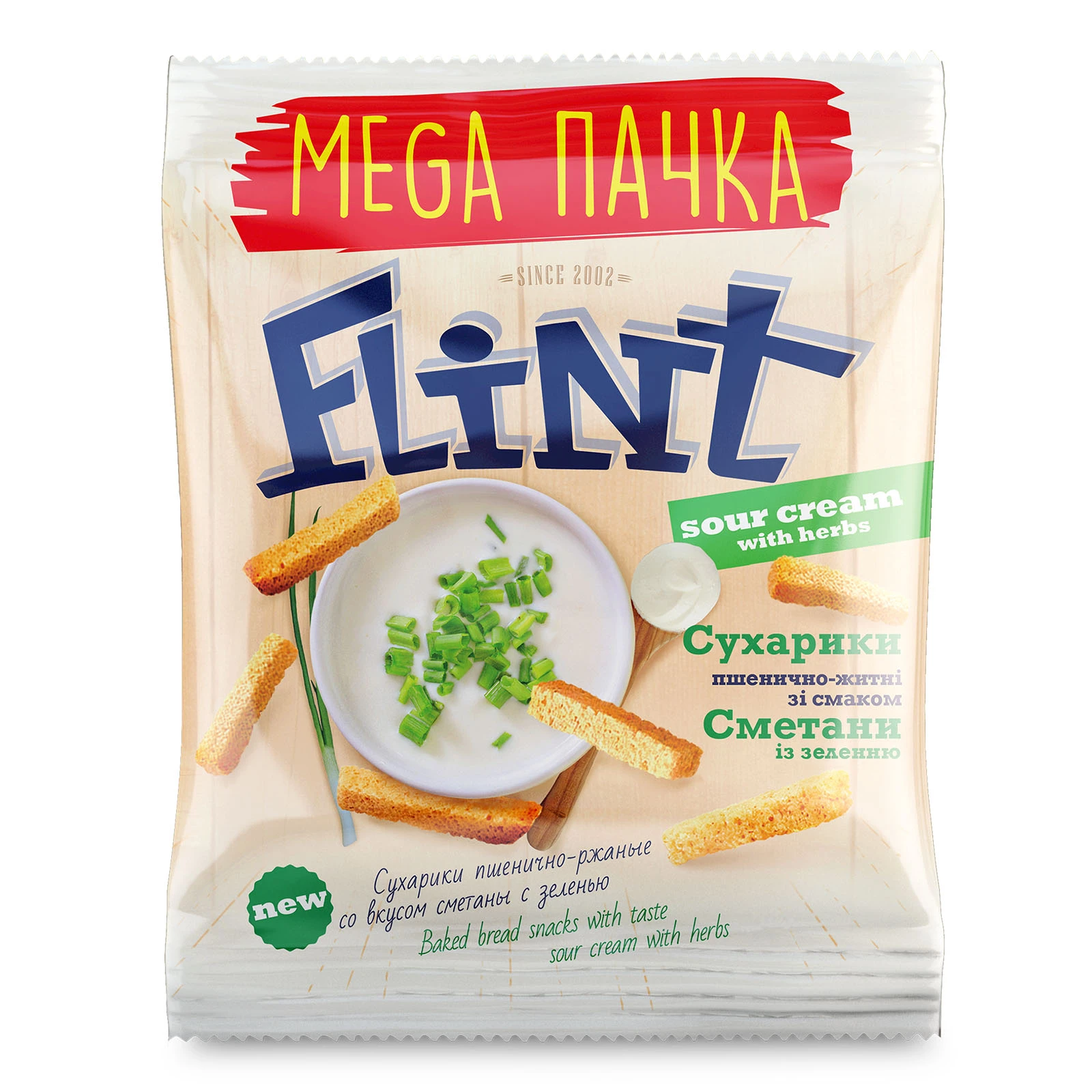 Сухарики Flint 100г зі смаком сметани та зелені Фото навігації №:1