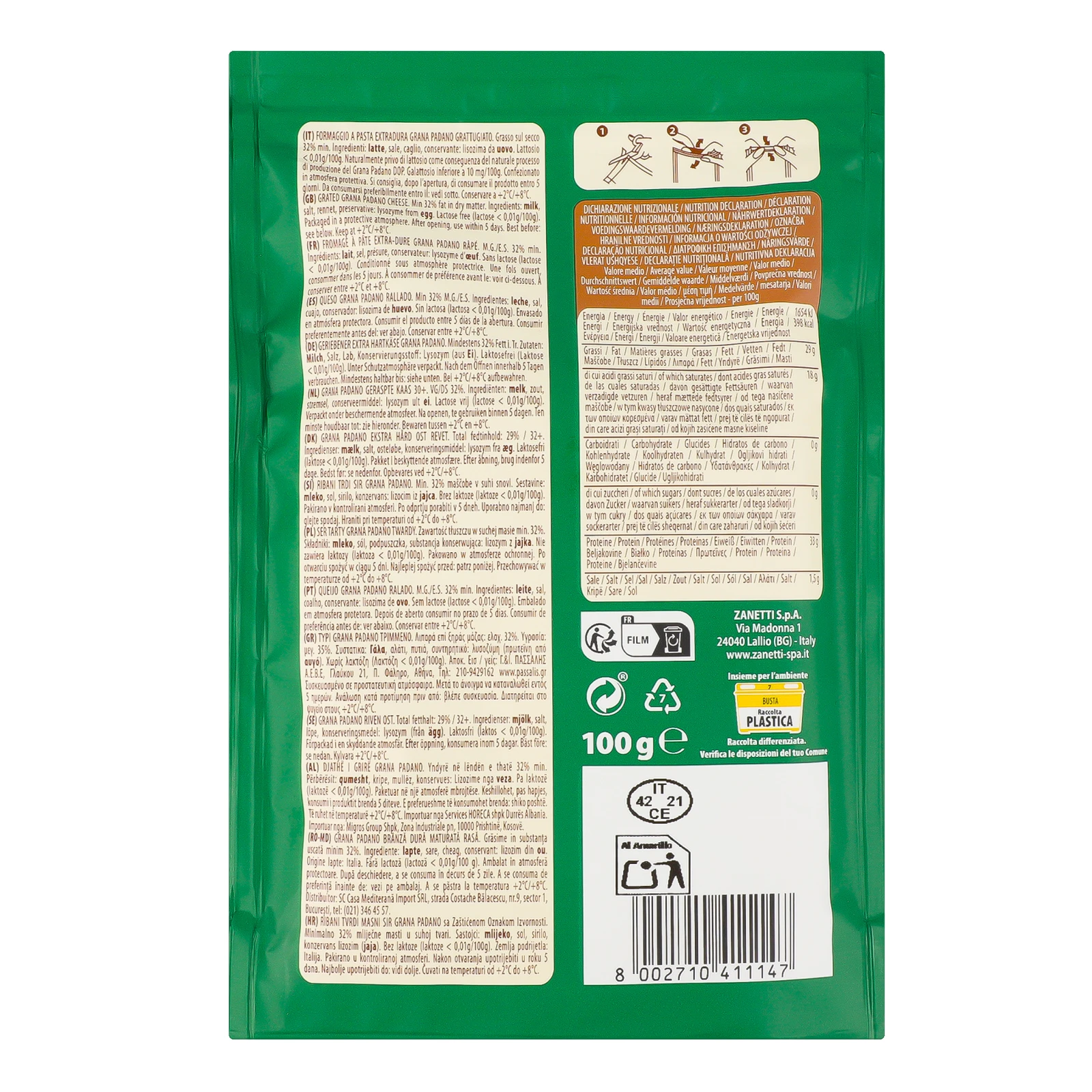 Сир Zanetti Grana Padano тертий 32% 100г Фото №:2