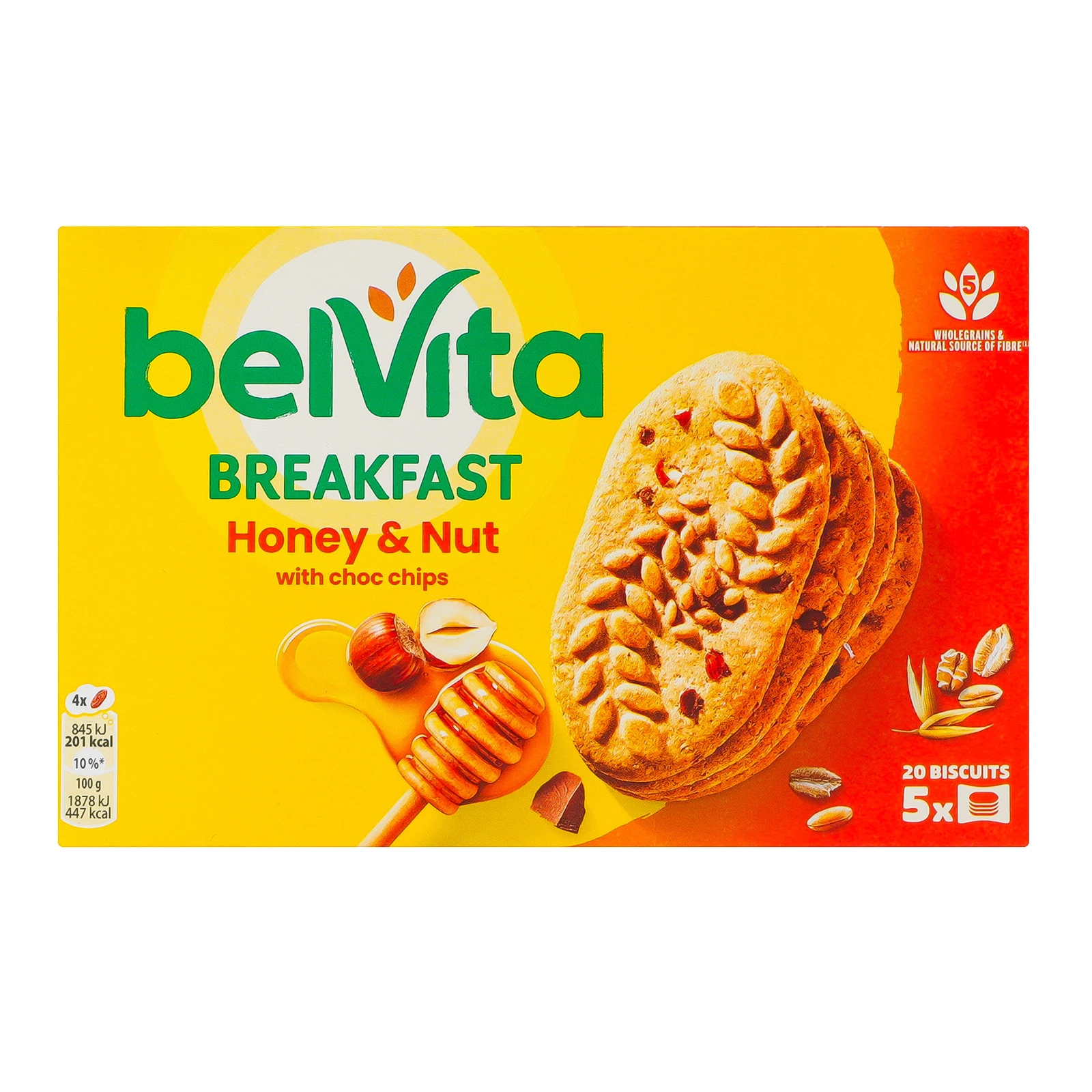 Печиво BelVita Breakfast Мед і горіх з шоколадними шматочками 5*45г Фото навігації №:1