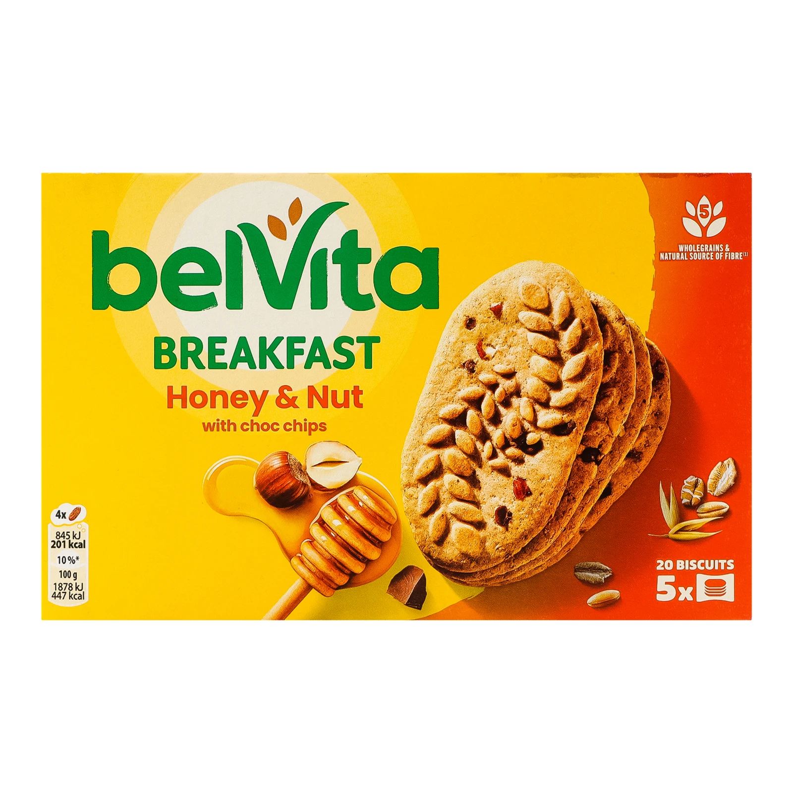 Печиво BelVita Breakfast з цільнозернових злаків з медом, горіхами та шоколадними шматочками 5х45г