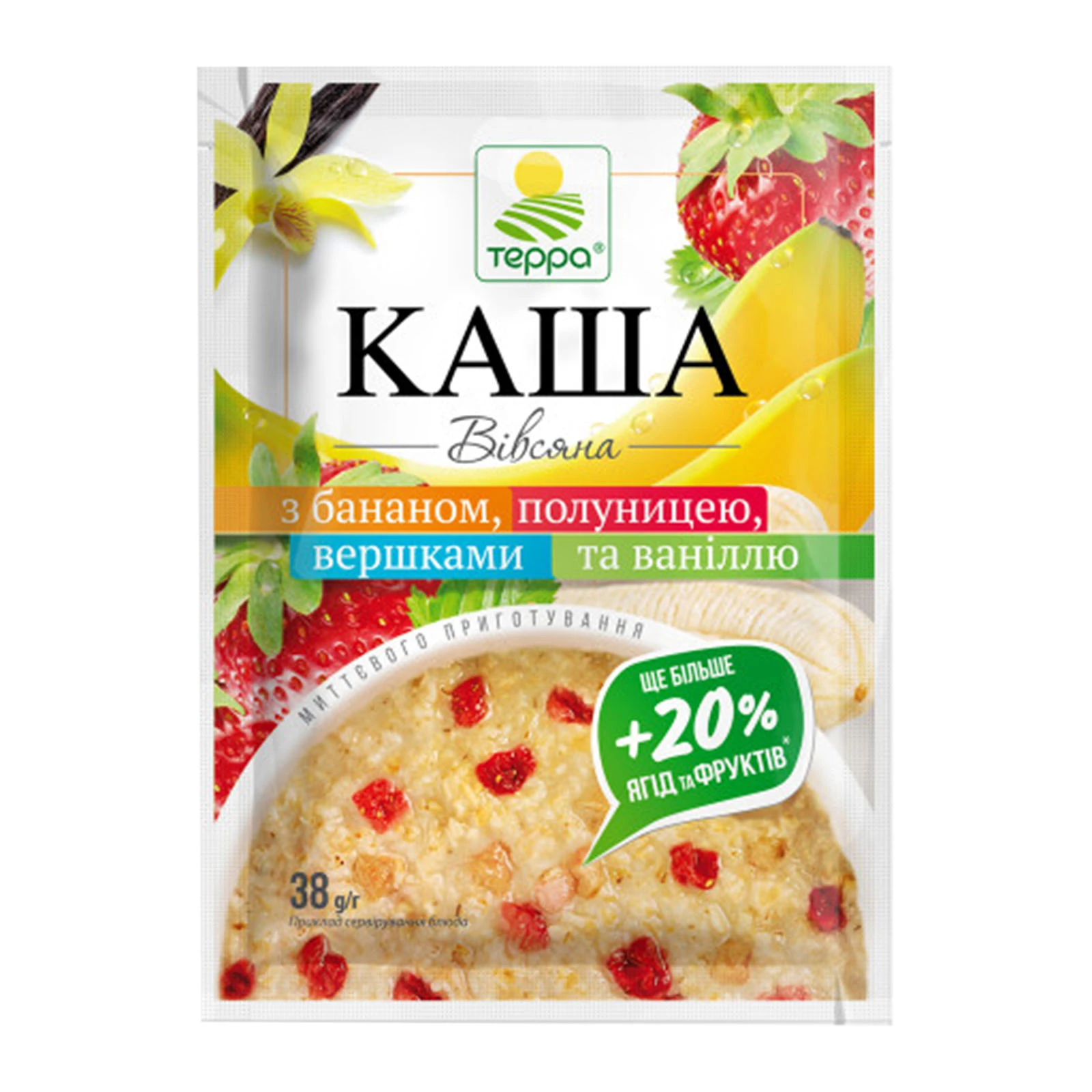 Каша Терра миттєвого приготування вівсяна з вершками, бананом, полуницею та ваніллю 38г Фото №:1