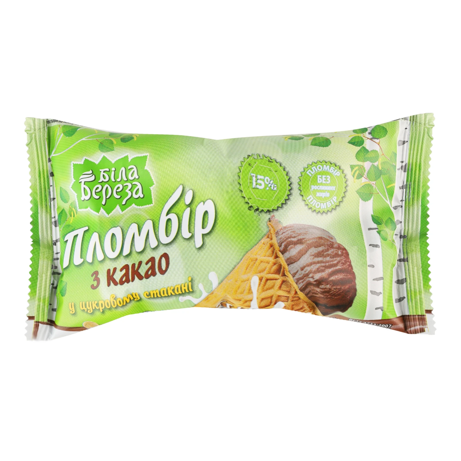 Морозиво Біла Береза пломбір з какао у вафельному цукровому стакані 15% 77г Фото №:1
