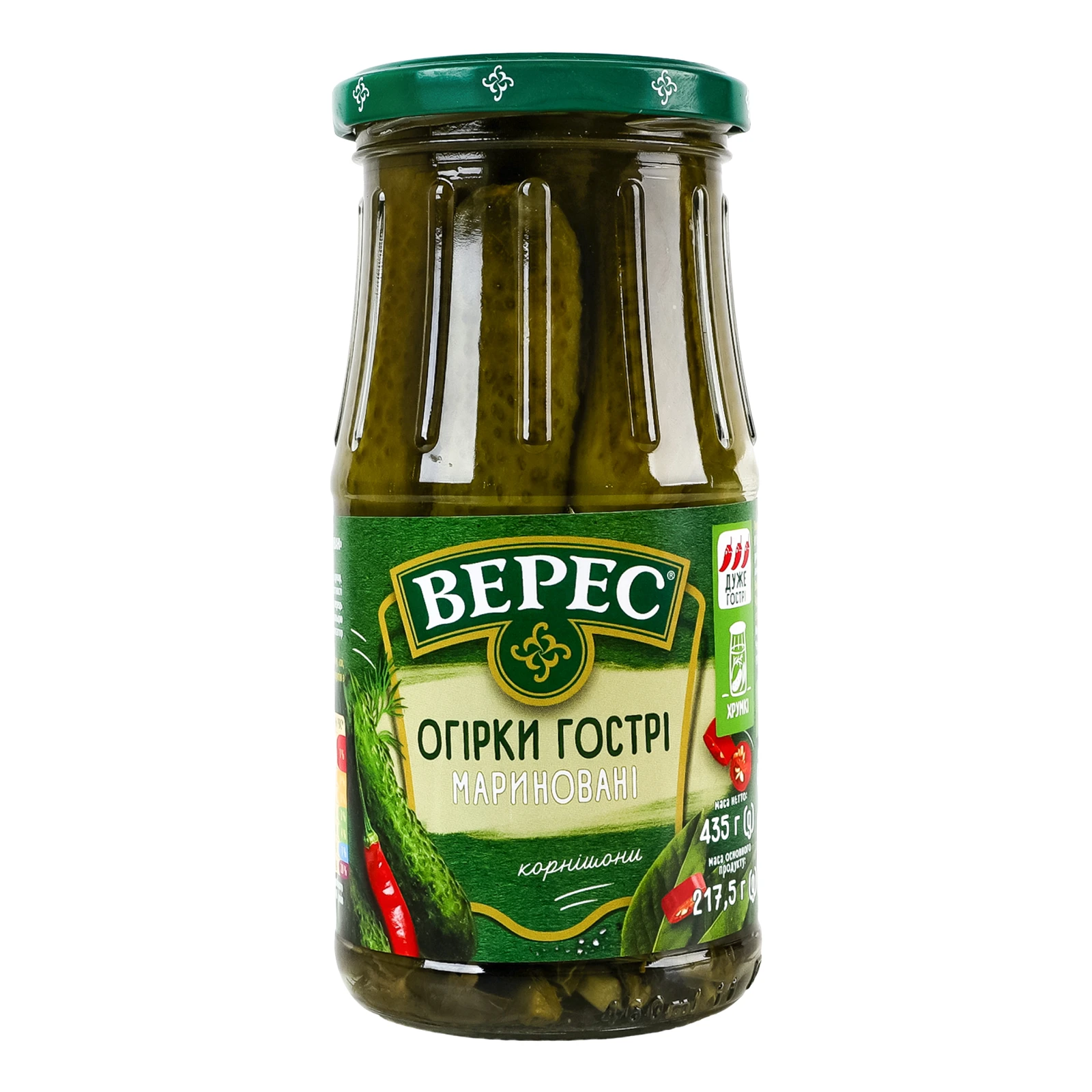 Огірки Верес Гострі мариновані корнішони стерилізовані 435г Фото №:1