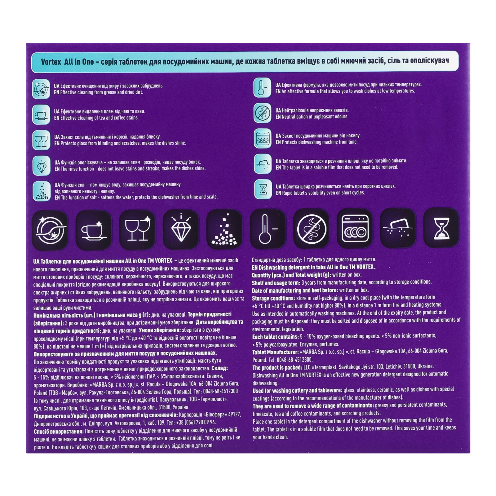 Засіб для миття Vortex All in one для посуду у посудомийних машинах таблетки 20шт Фото №:2