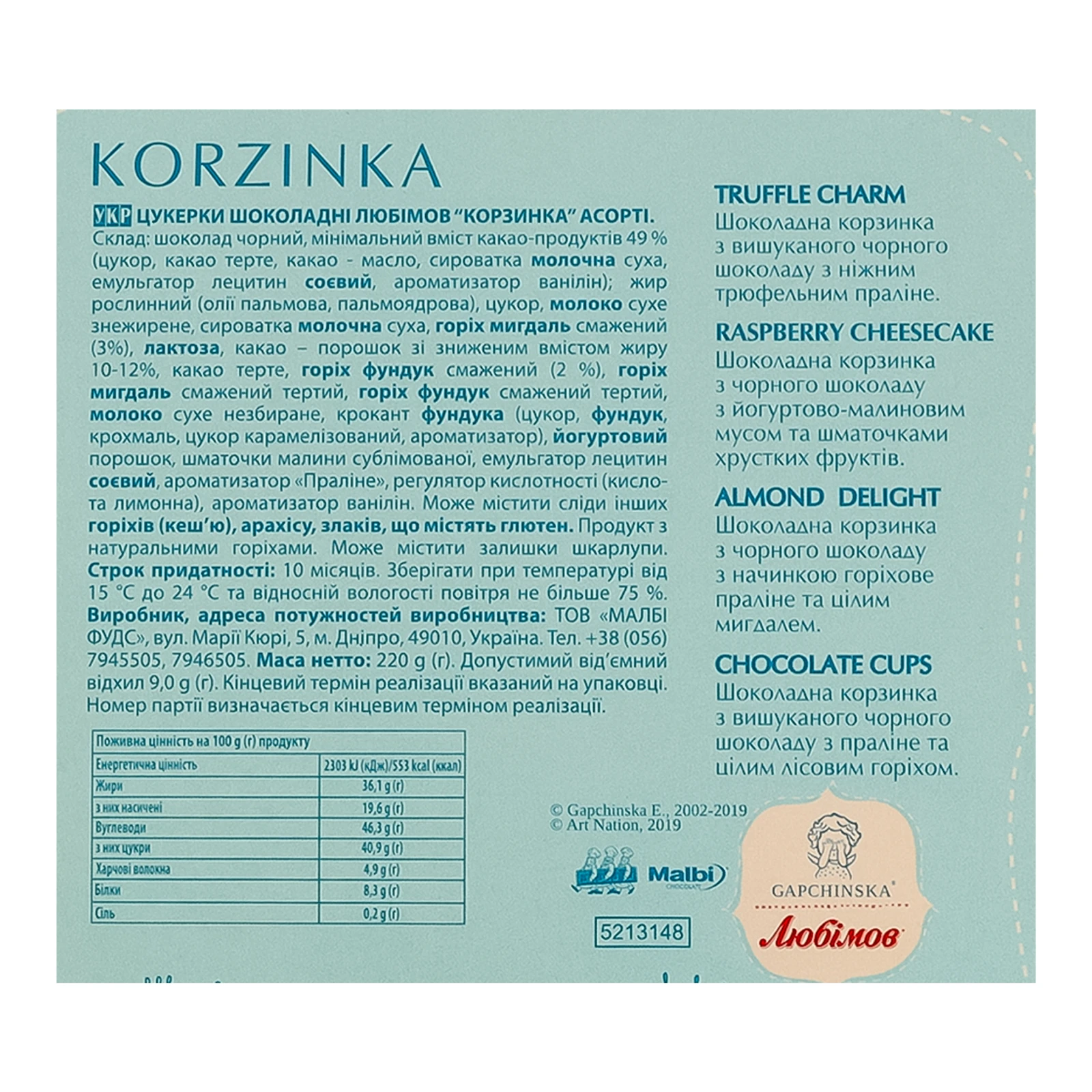 Цукерки Любімов Gapchinska Korzinka шоколадні асорті 220г Фото №:3