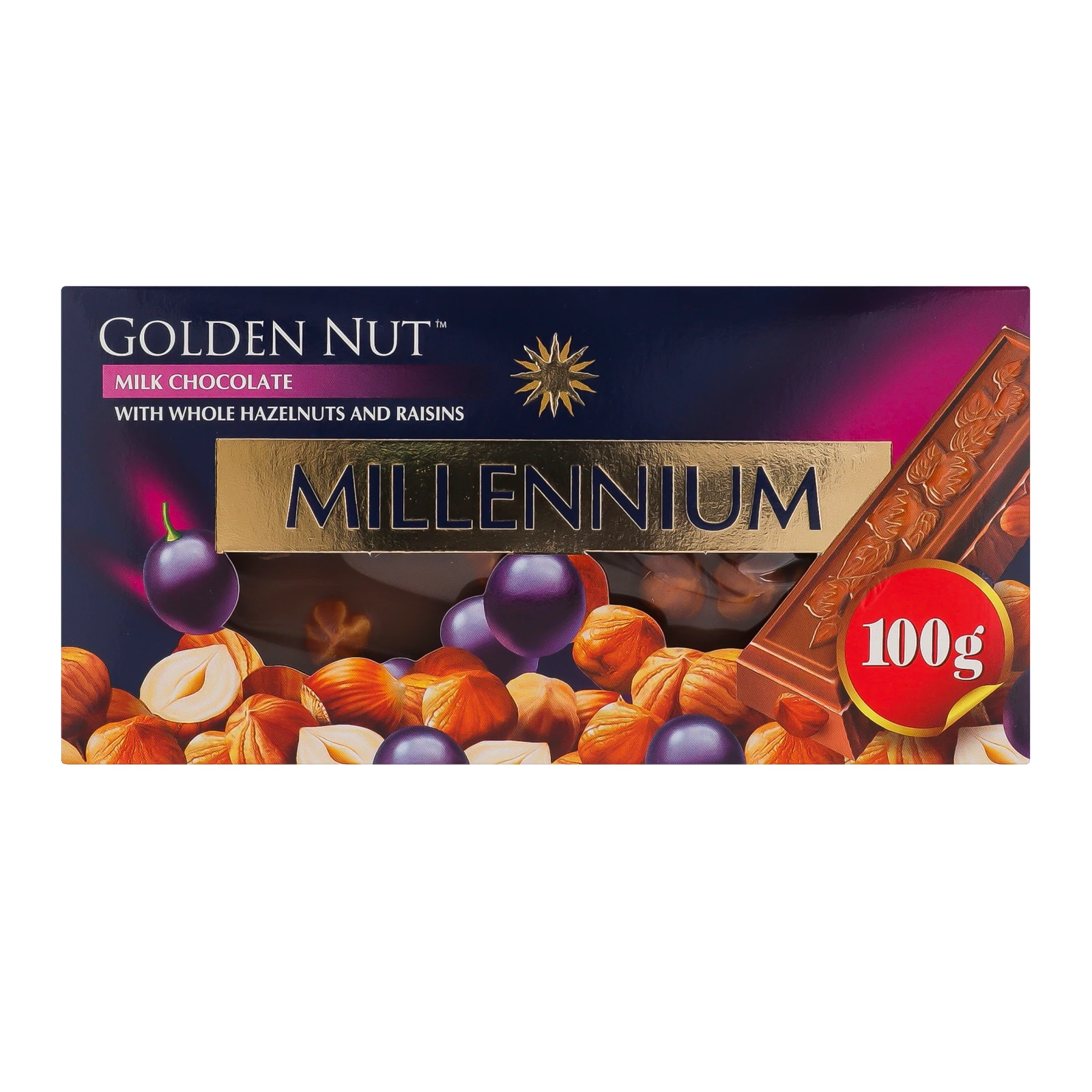 Шоколад Millennium Golden Nut молочний з цілими лісовими горіхами та родзинками 100г Фото №:1