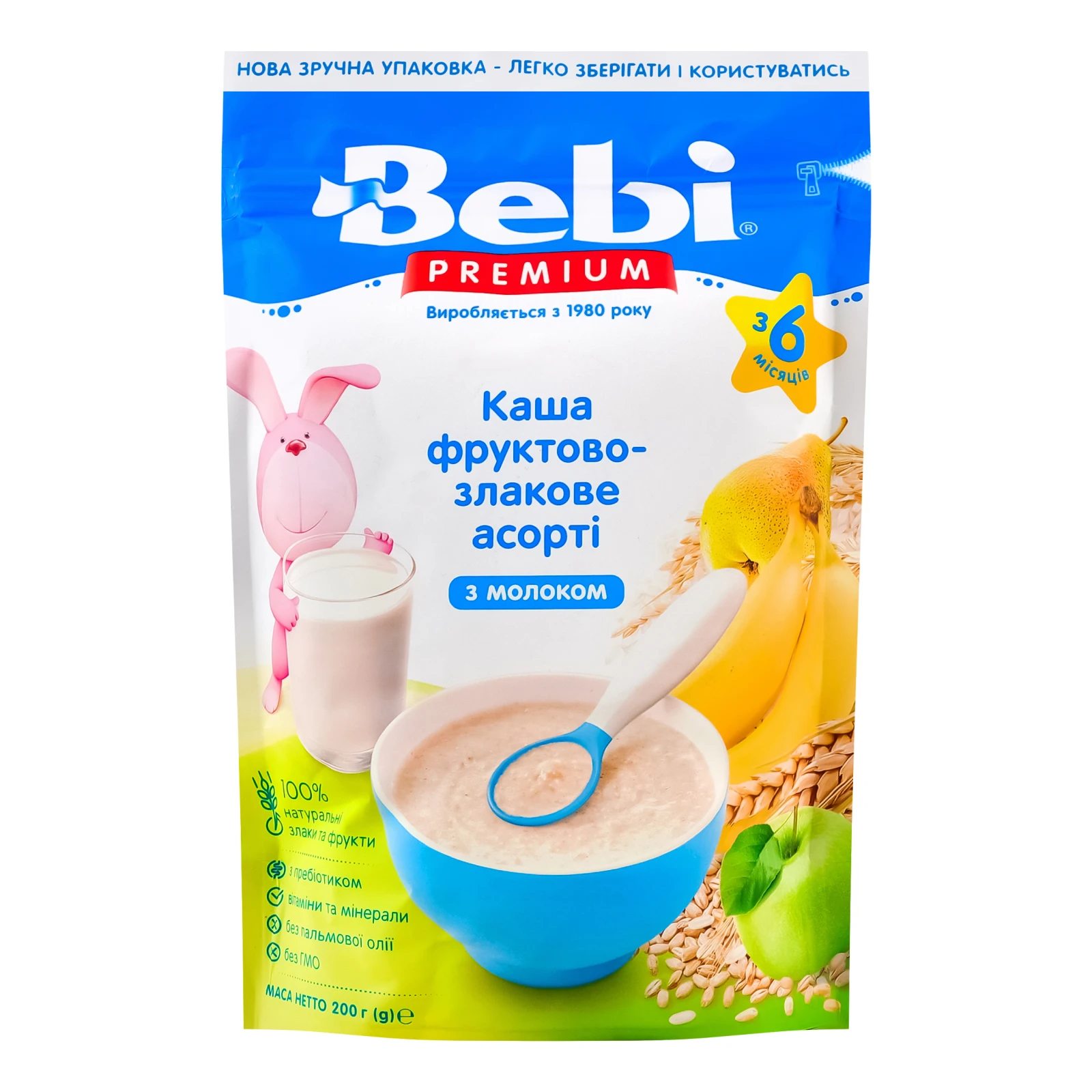 Каша дитяча Bebi Premium суха молочна швидкорозчинна Фруктово-злакове асорті для дітей від 6-ти місяців 200г Фото №:1