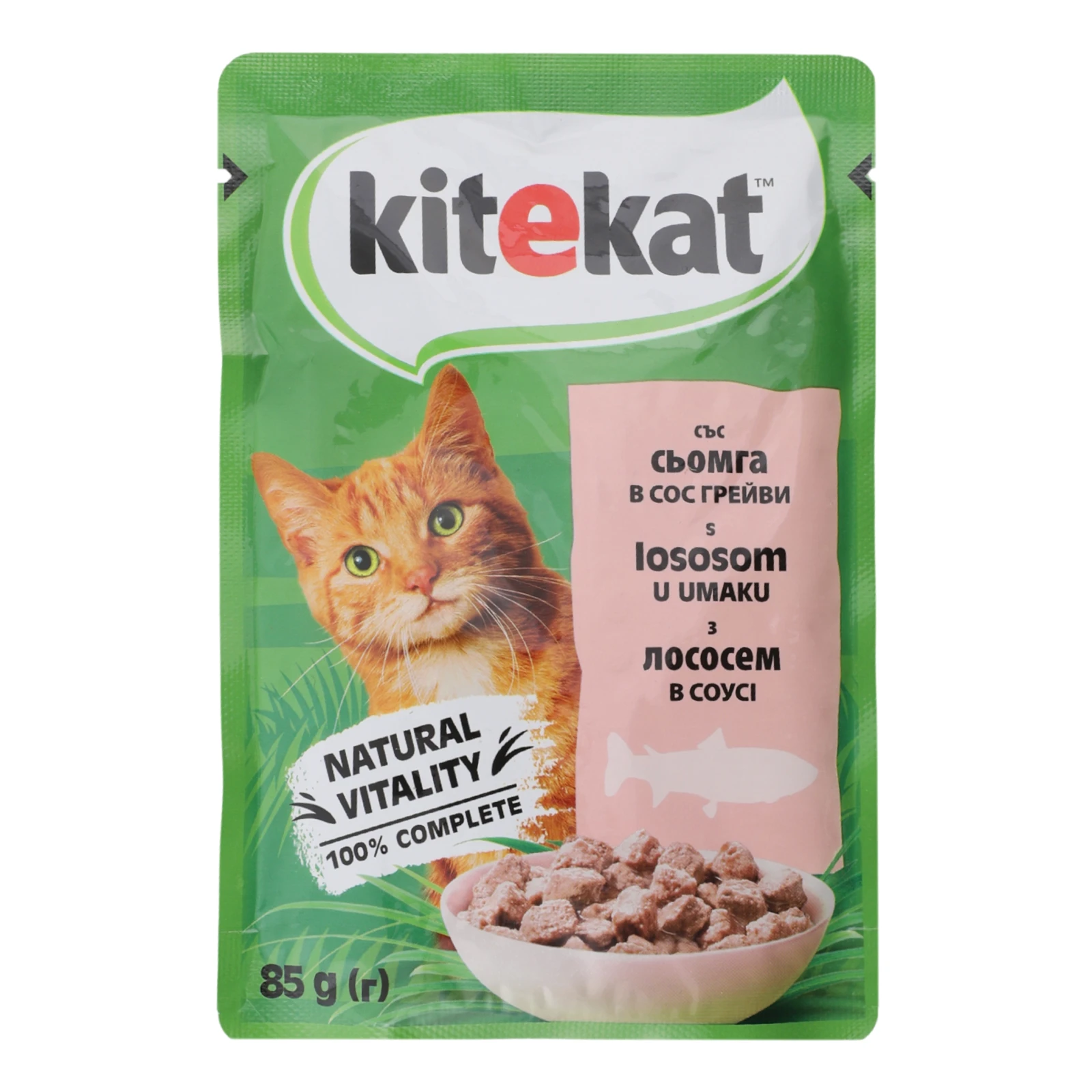 Корм для котів Kitekat консервований повнораціонний для дорослих котів з лососем в соусі 85г Фото №:1