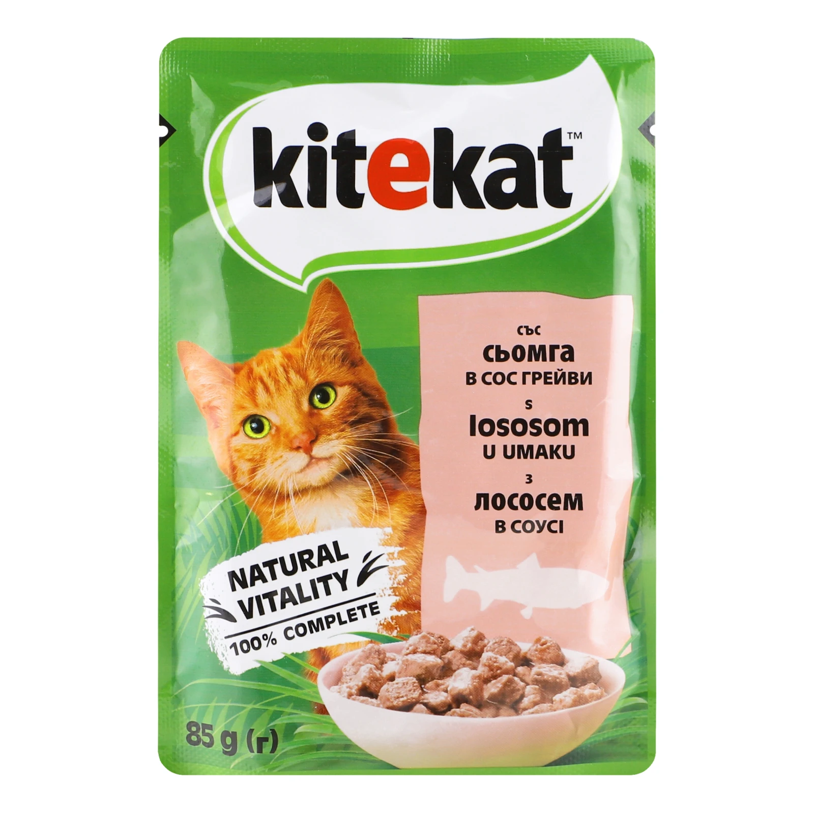 Корм для котів Kitekat консервований повнораціонний для дорослих котів з лососем в соусі 85г Фото №:1