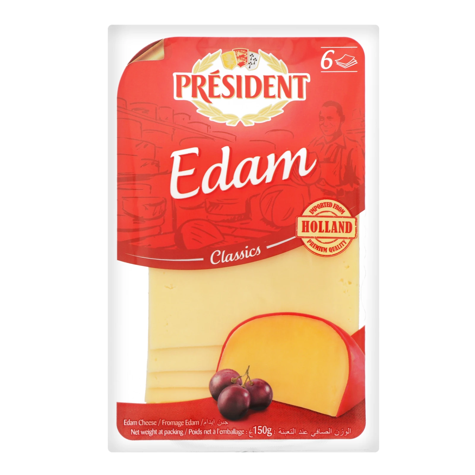 Сир President Edam твердий скибками 40% 150г Фото №:1