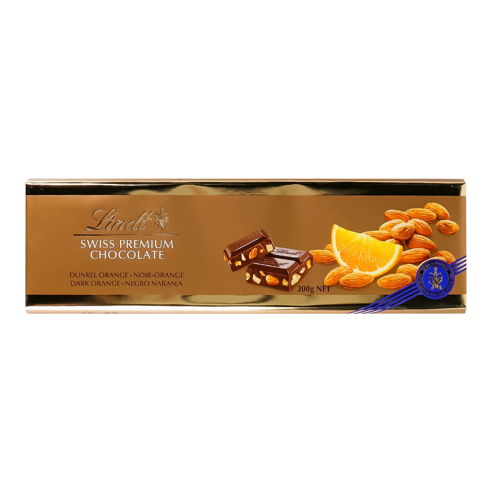 Шоколад Lindt темний швейцарський з апельсином і мигдалем 300г Фото №:1
