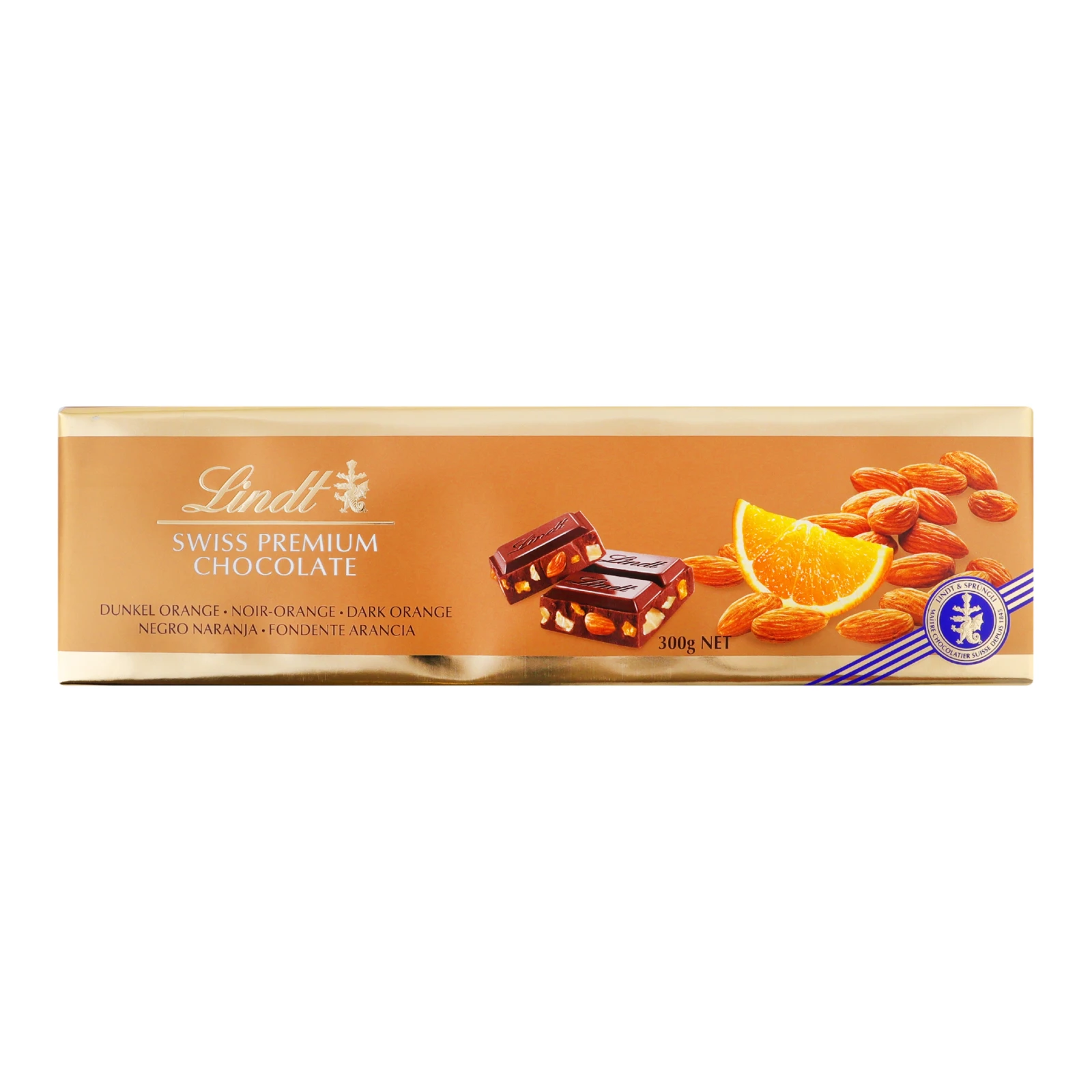 Шоколад Lindt Swiss Premium чорний з апельсином та мигдалем 300г Фото №:1