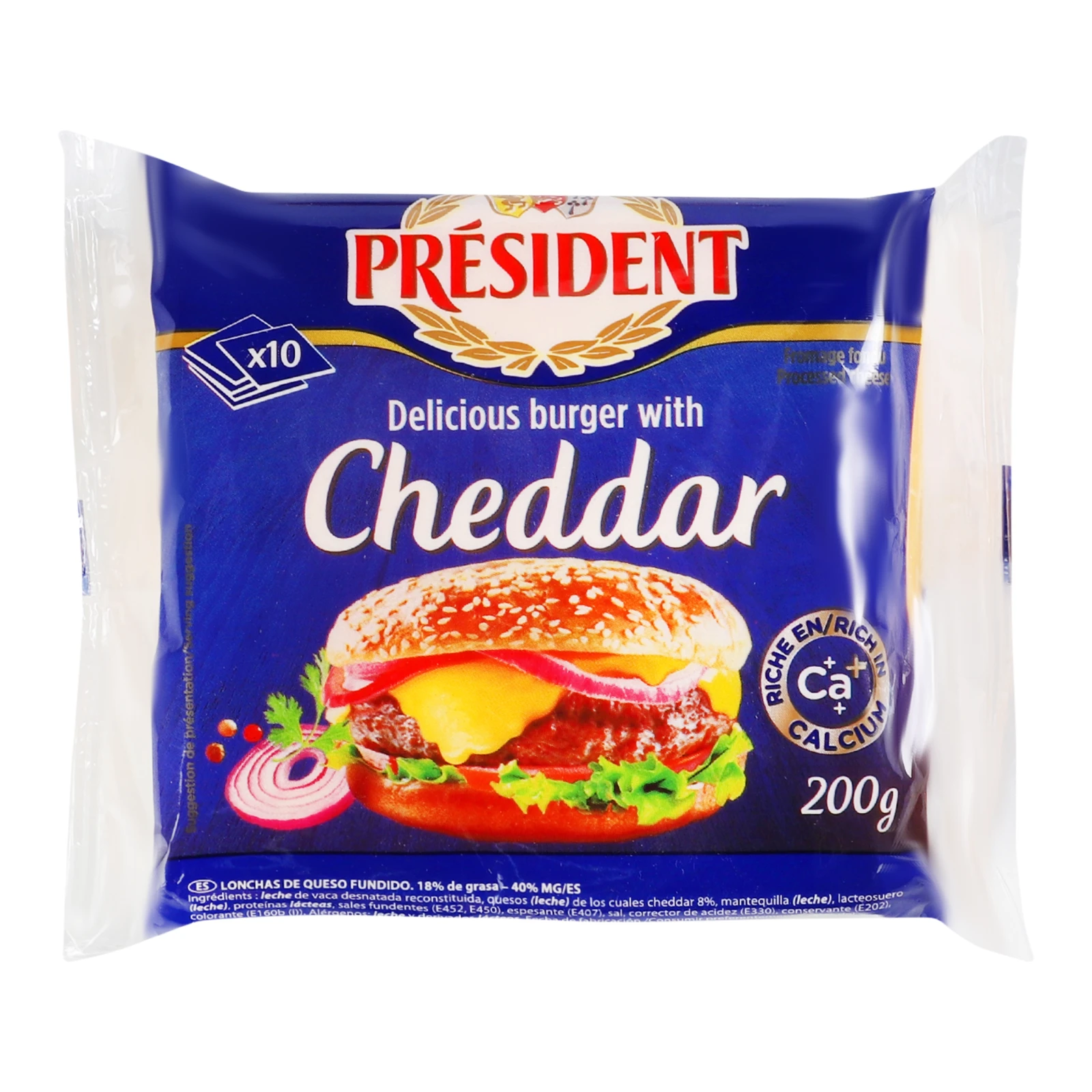Сир плавлений President Cheddar для бургерів скибочки 40% 10х20г