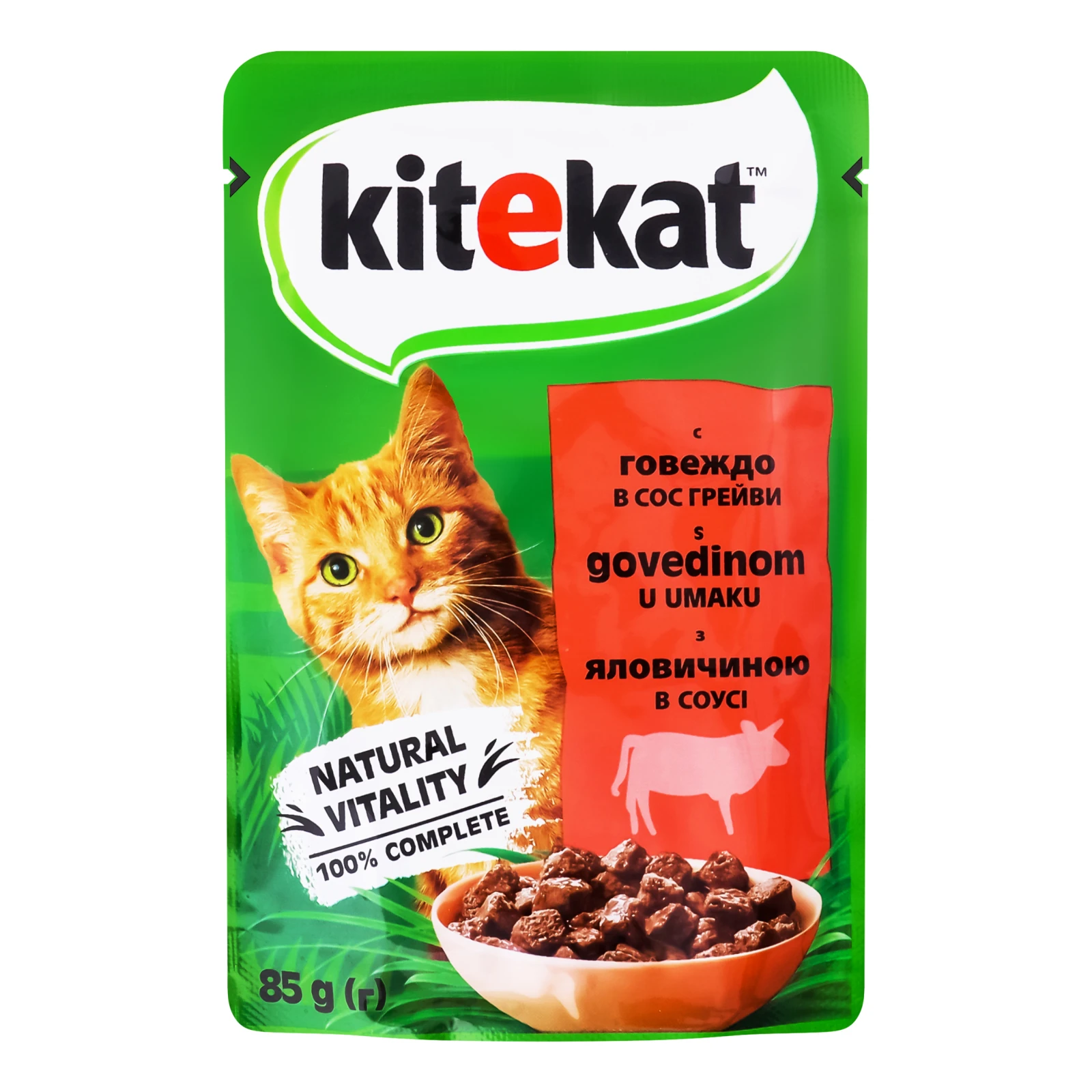 Корм консервований Kitekat З яловичиною в соусі повнораціонний для дорослих котів 85г Фото навігації №:1