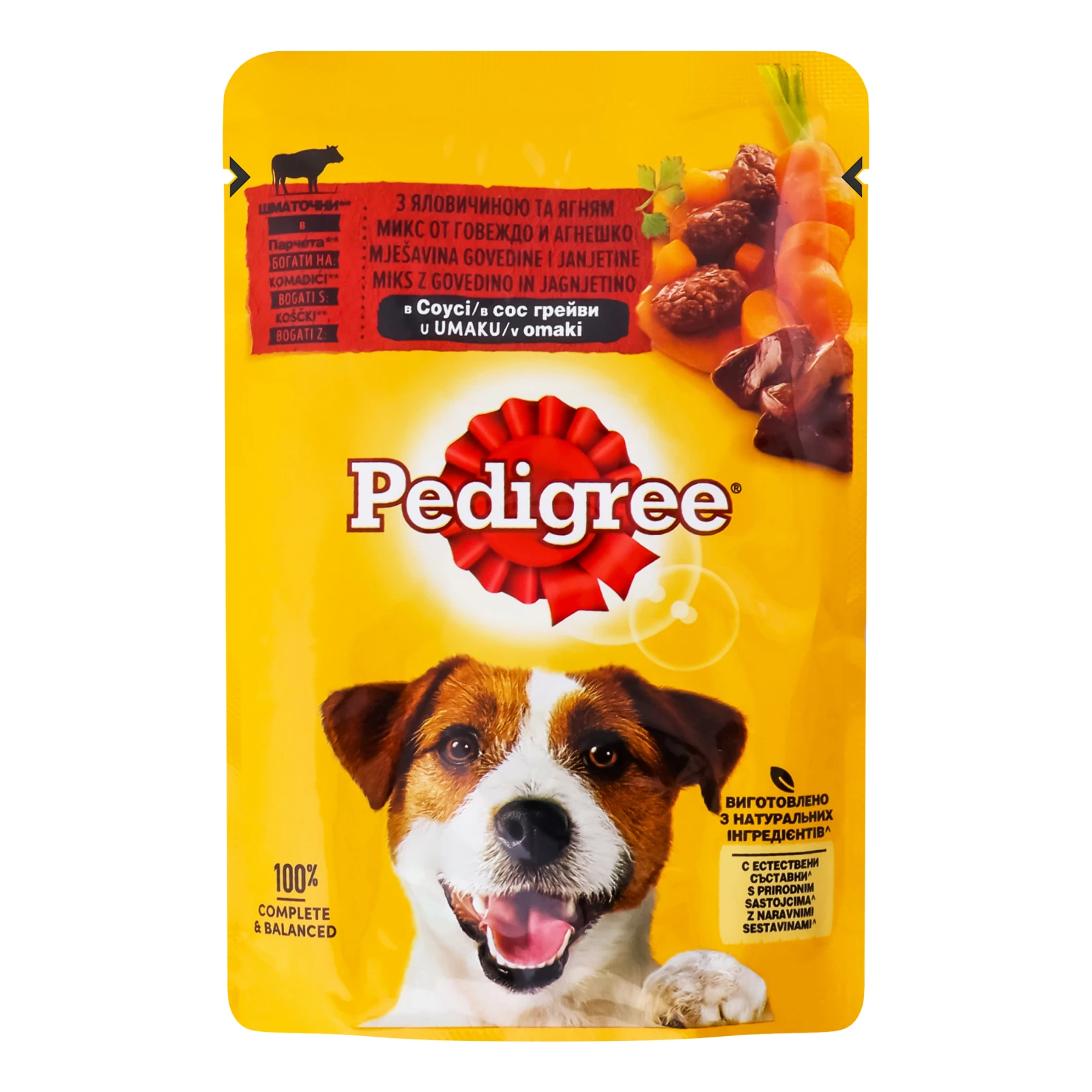 Корм консервований Pedigree З яловичиною та ягням в соусі повнораціонний для дорослих собак 100г Фото №:1