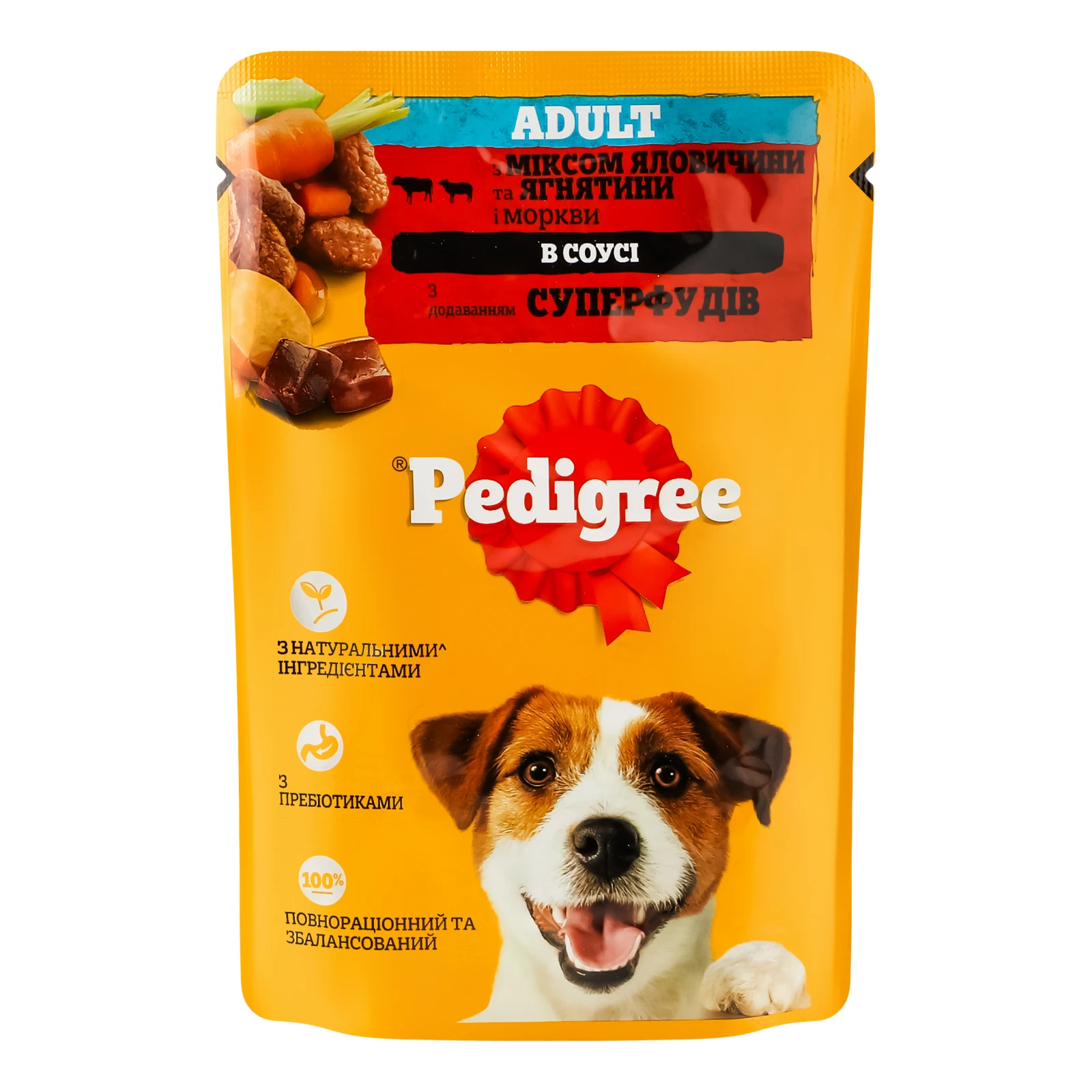 Корм для собак Pedigree консервований повнораціонний для дорослих собак З яловичиною, ягням та морквою в соусі 100г