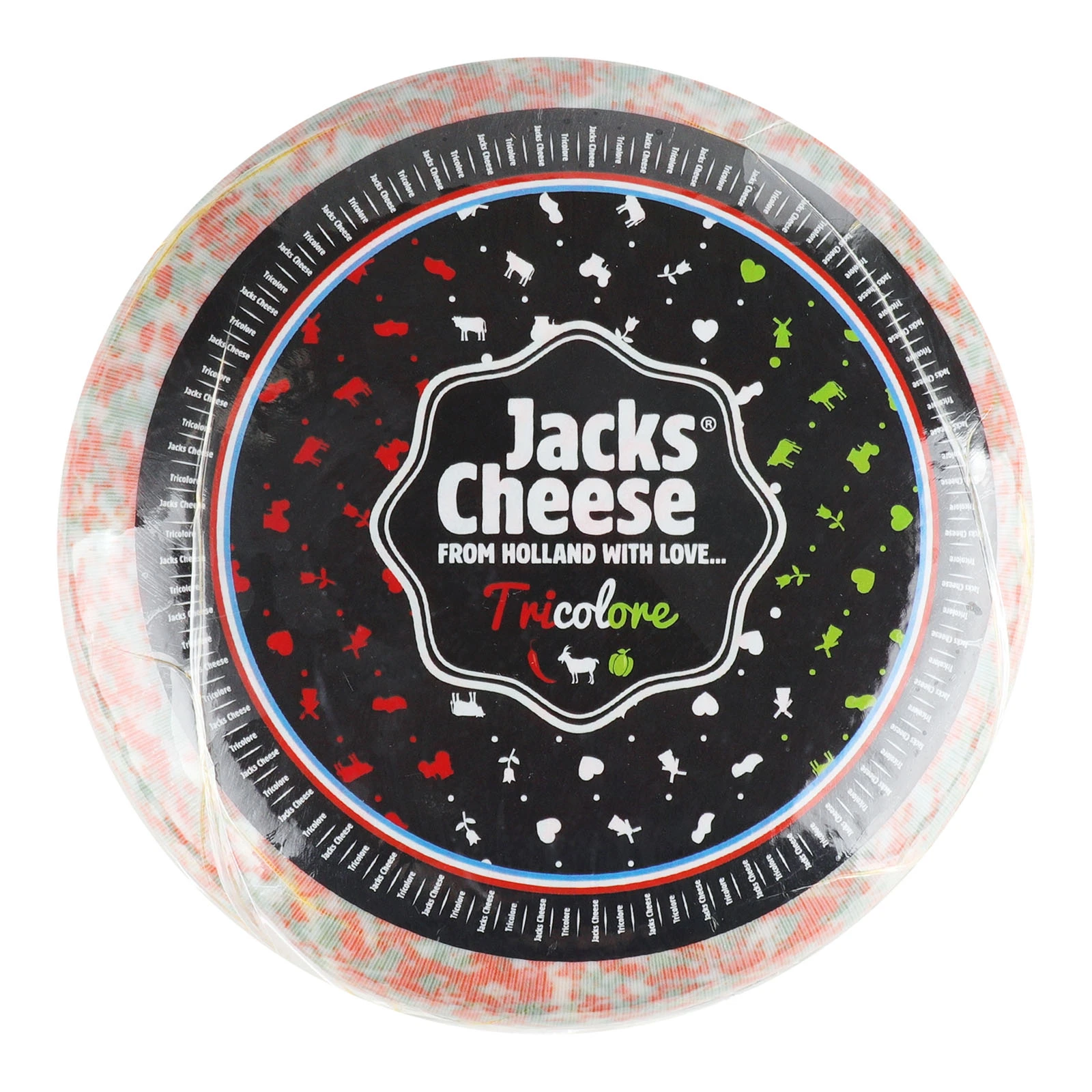 Сир Jacks cheese 50% Tricolore 3 види сиру (козиний, зелений песто, чілі) Фото №:1