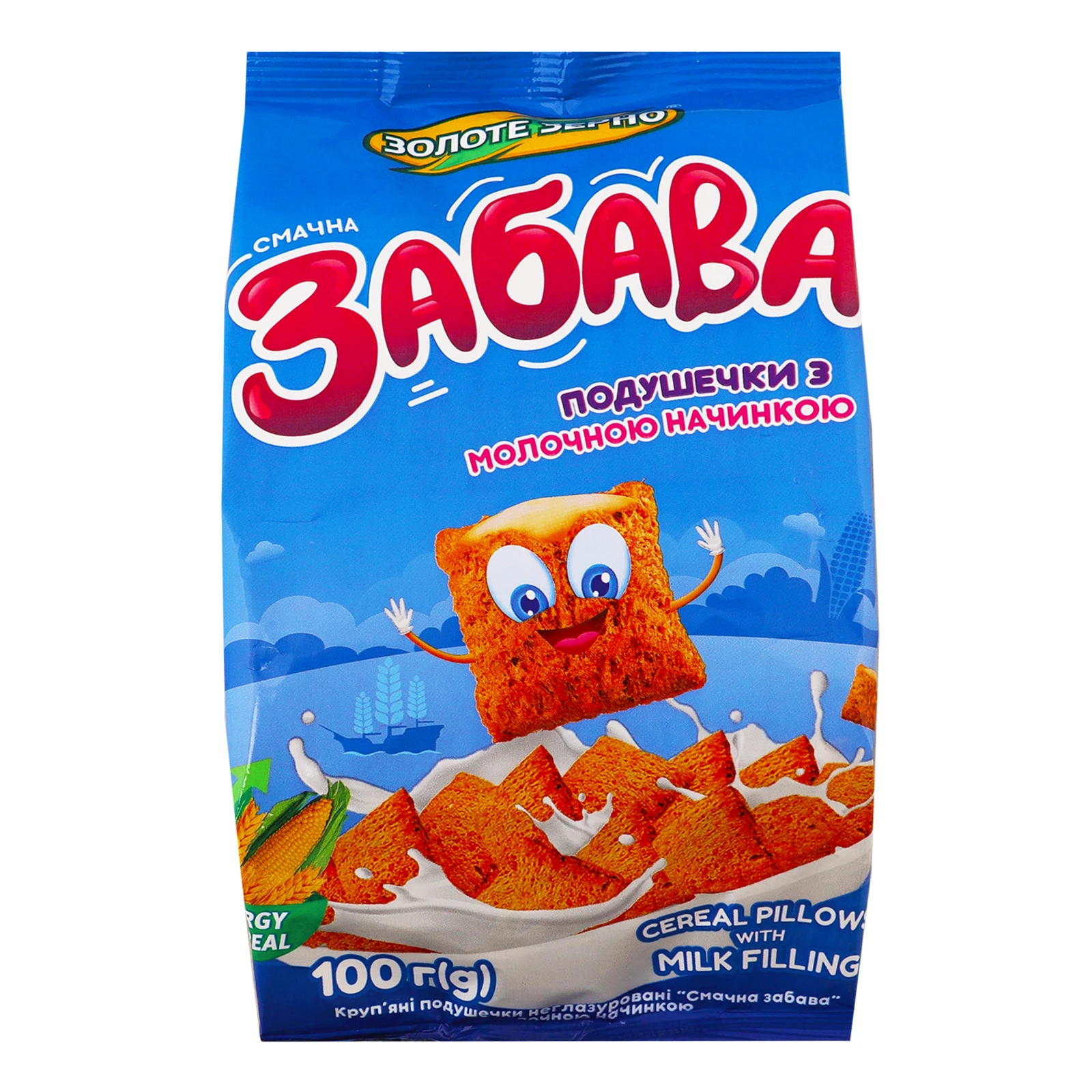 Сніданок сухий Золоте Зерно Смачна забава круп'яні подушечки з молочною начинкою 100г Фото №:1