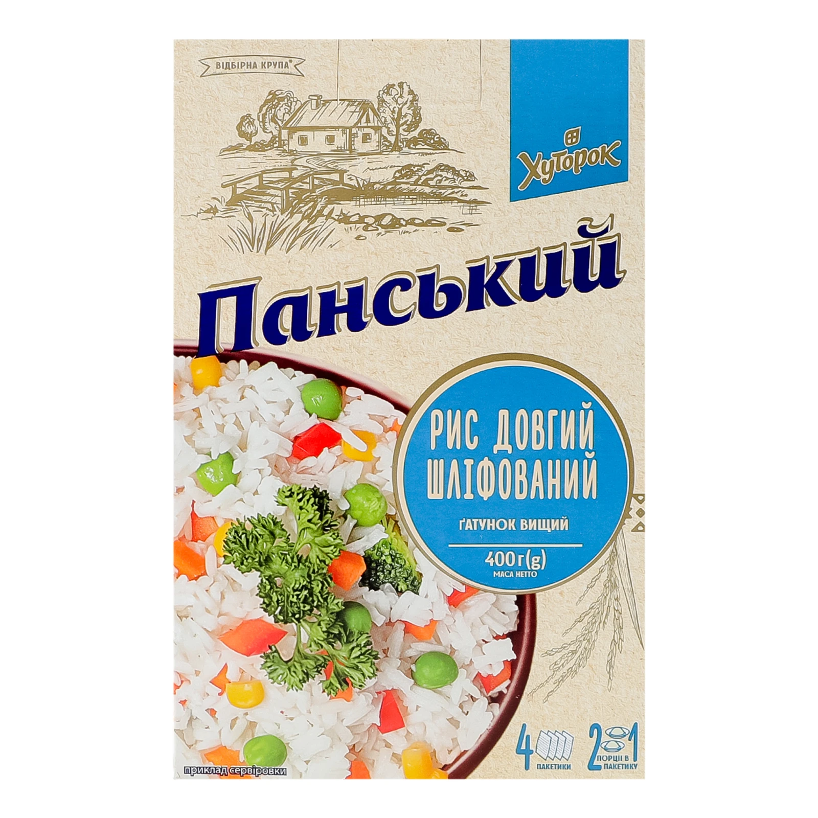 Рис Хуторок Панський довгий шліфований у пакетиках 4х100г Фото №:2