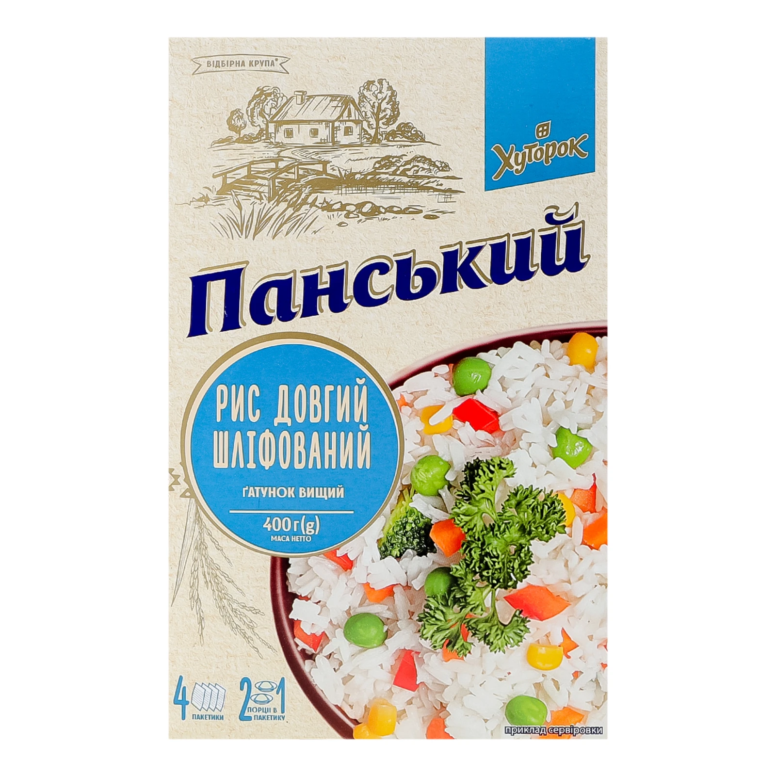 Рис Хуторок Панський довгий шліфований у пакетиках 4*100г Фото навігації №:1