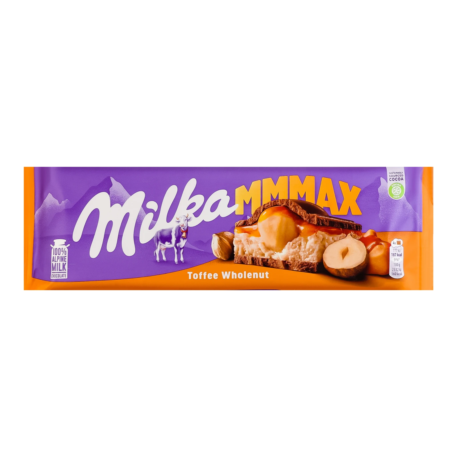 Шоколад Milka Mmmax Toffee wholenut молочний з цілими лісовими горіхами, молочною та карамельною начинкою 300г