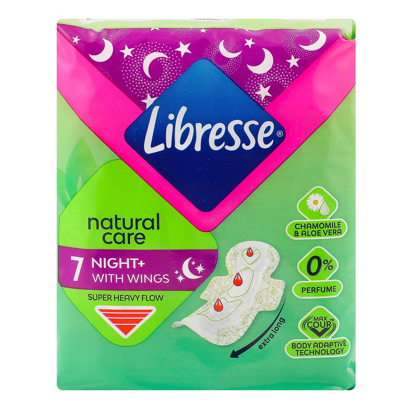 Прокладки Libresse гігієнічні Natural Care Night+ з екстрактом алое вера та ромашки 7шт Фото №:1