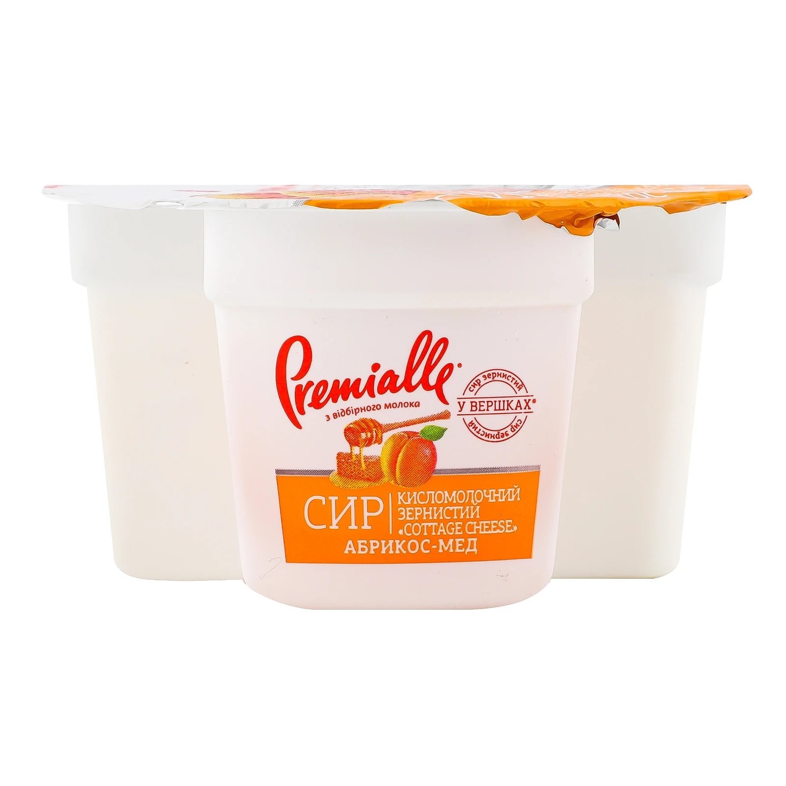 Сир кисломолочний Premialle Cottage cheess зернистий Абрикос-мед 7% 150г Фото №:1