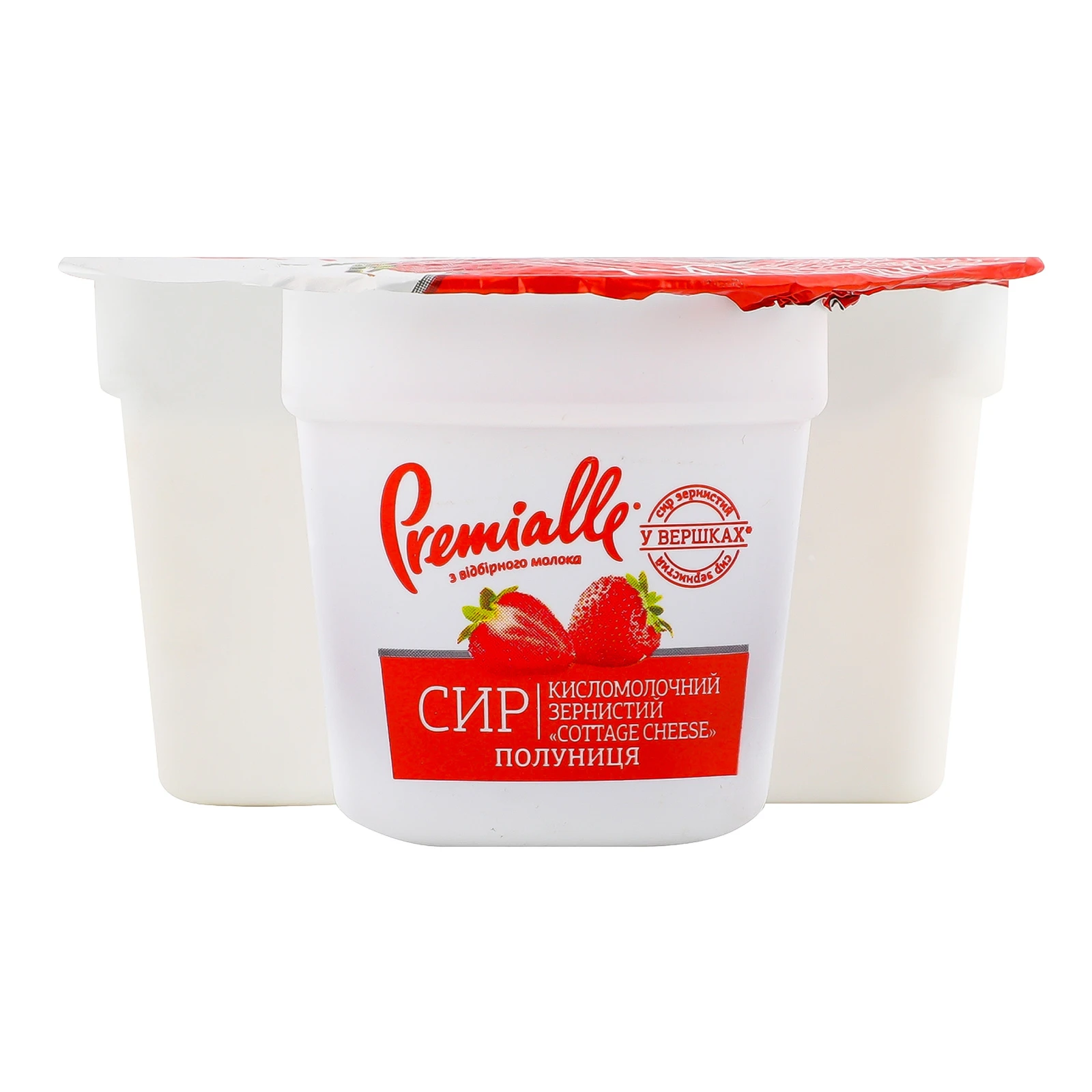 Сир кисломолочний Premialle Cottage cheess зернистий Полуниця 7% 150г Фото №:1