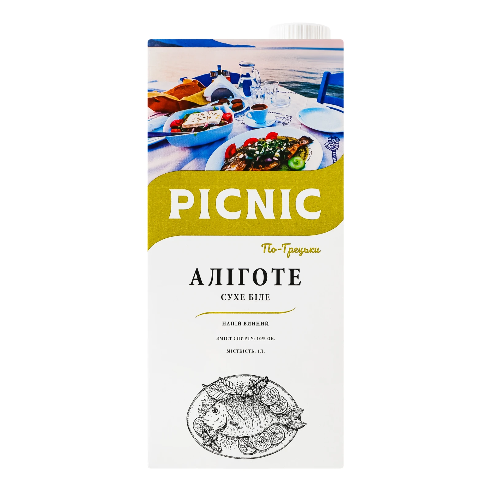 Напій алкогольний Picnic Аліготе По-Грецьки на основі вина білий сухий 10% 1л Фото №:1