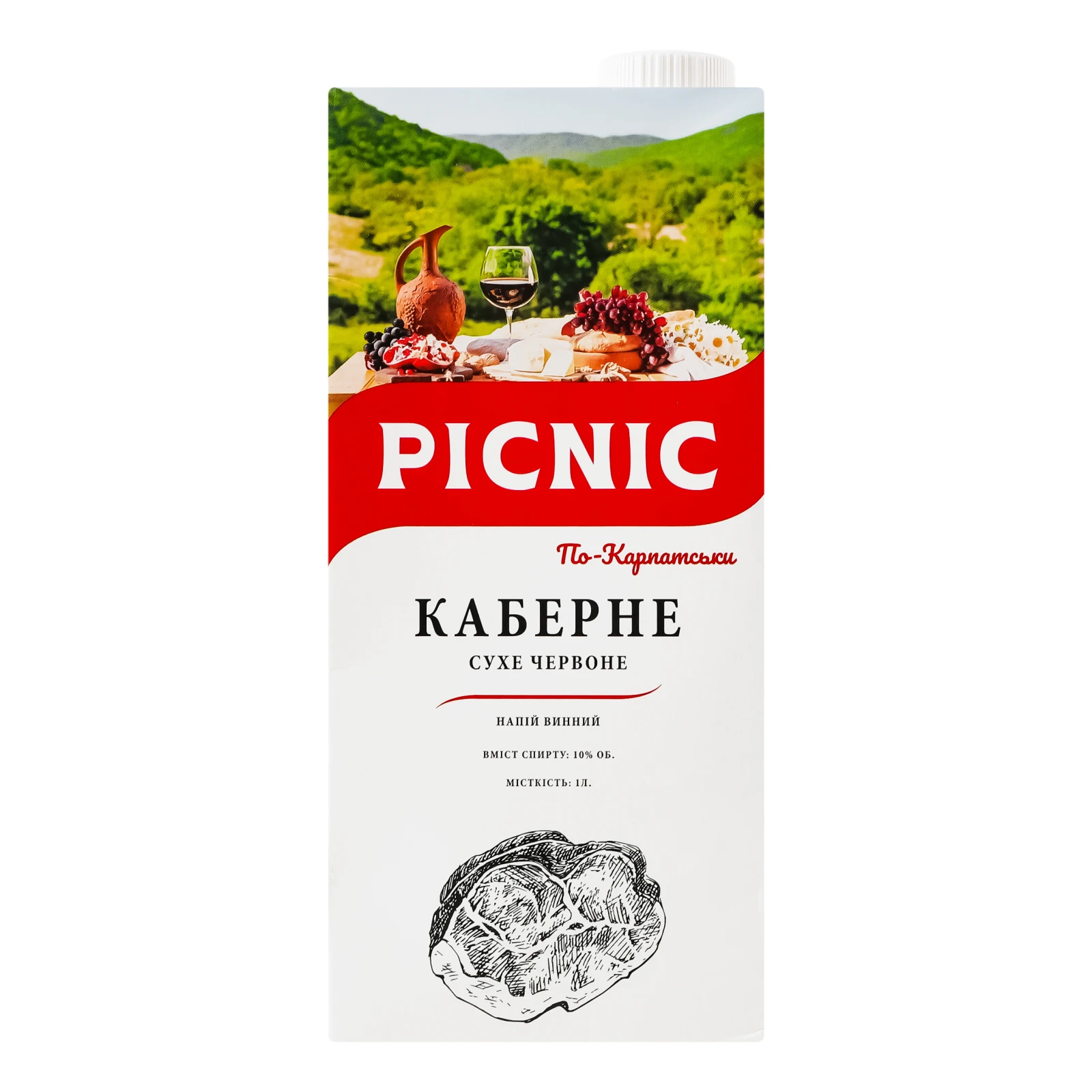 Напій алкогольний Picnic Каберне По-Карпатськи на основі вина червоний сухий 10% 1л Фото №:1
