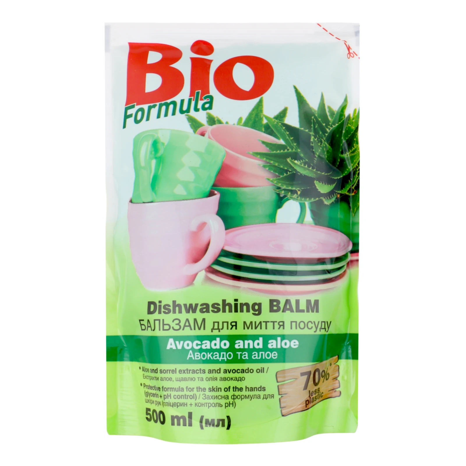 Бальзам Bio Formula 500мл для миття посуду Авокадо і алое дой-пак Фото №:1