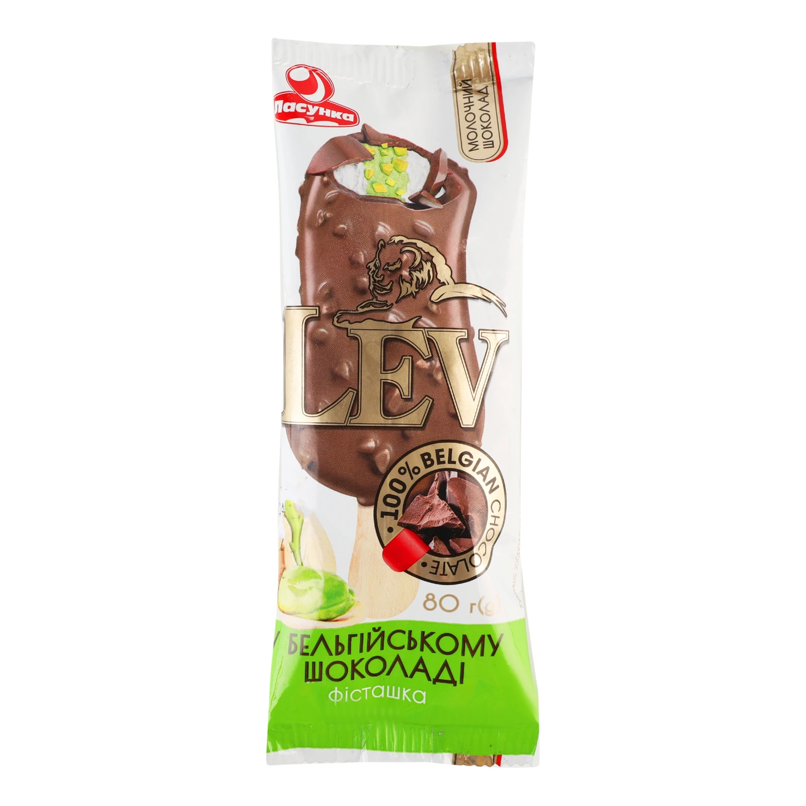 Морозиво Ласунка Lev Фісташка в бельгійському шоколаді 12% 80г Фото №:1