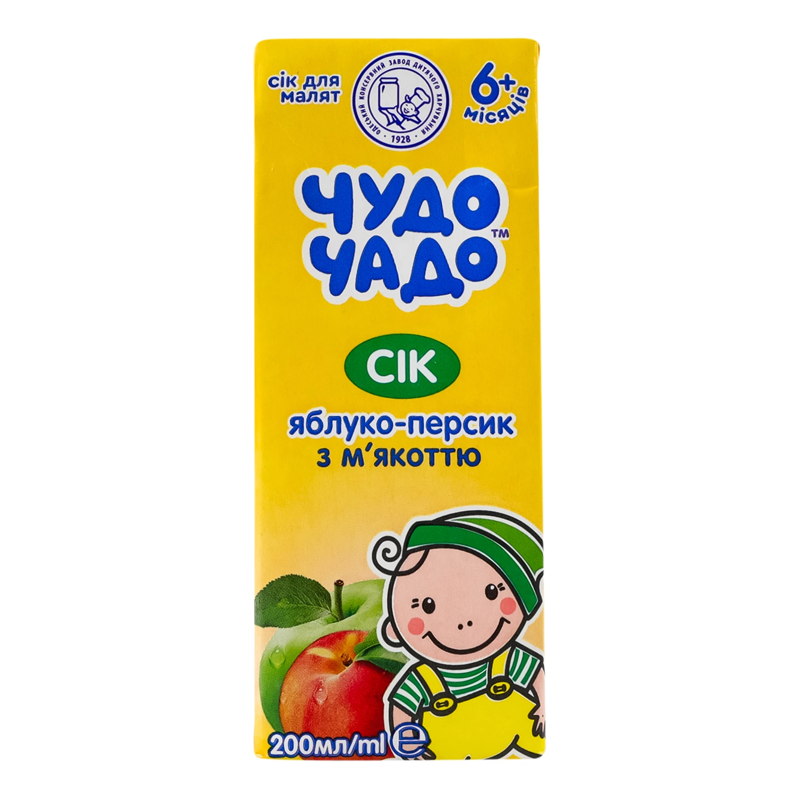 Сік Чудо-Чадо з м'якоттю та цукром гомогенізований стерилізований Яблуко-персик для дітей від 6-ти місяців 200мл