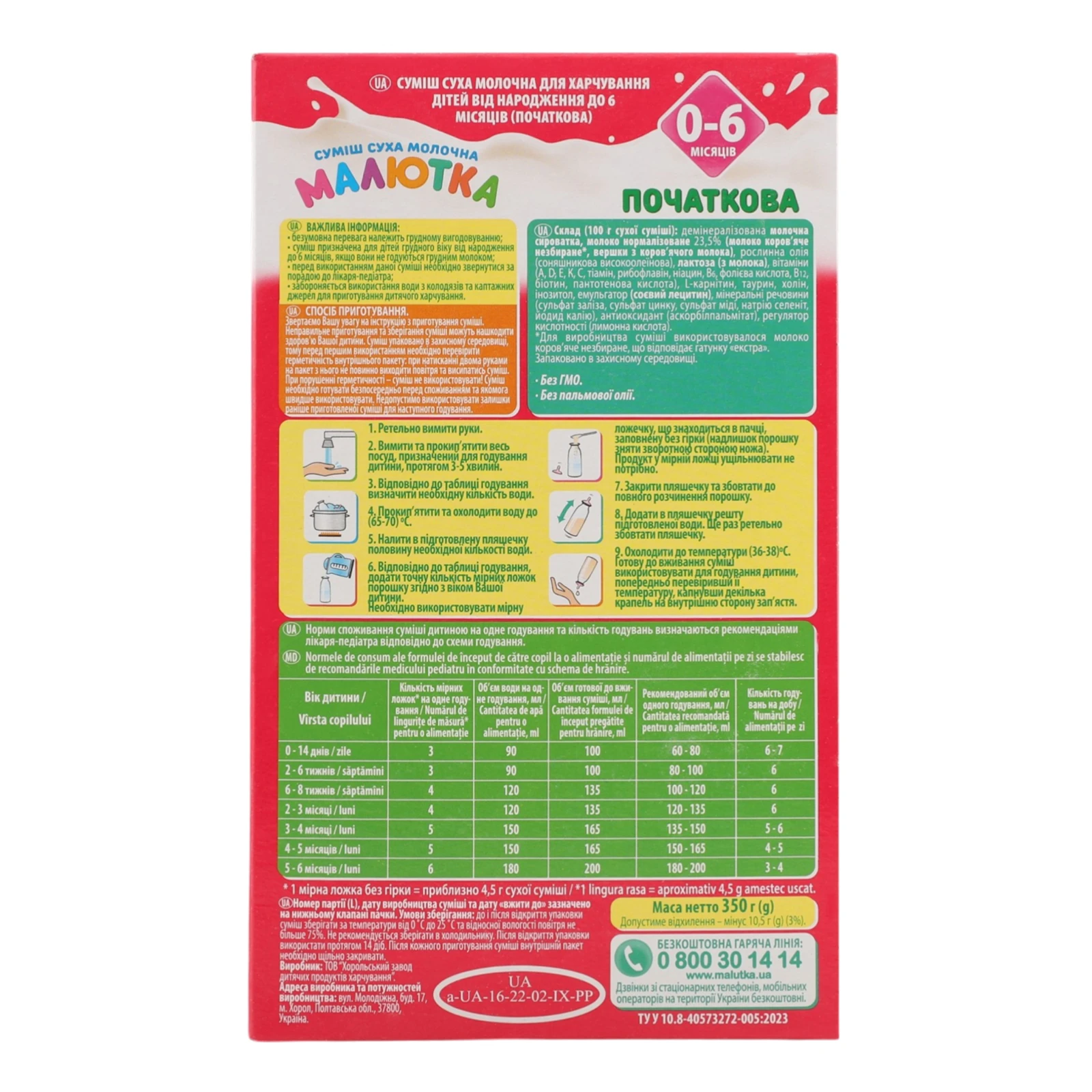 Суміш дитяча Малютка №1 Початкова суха молочна для дітей від 0 до 6-ти місяців 350г Фото №:2