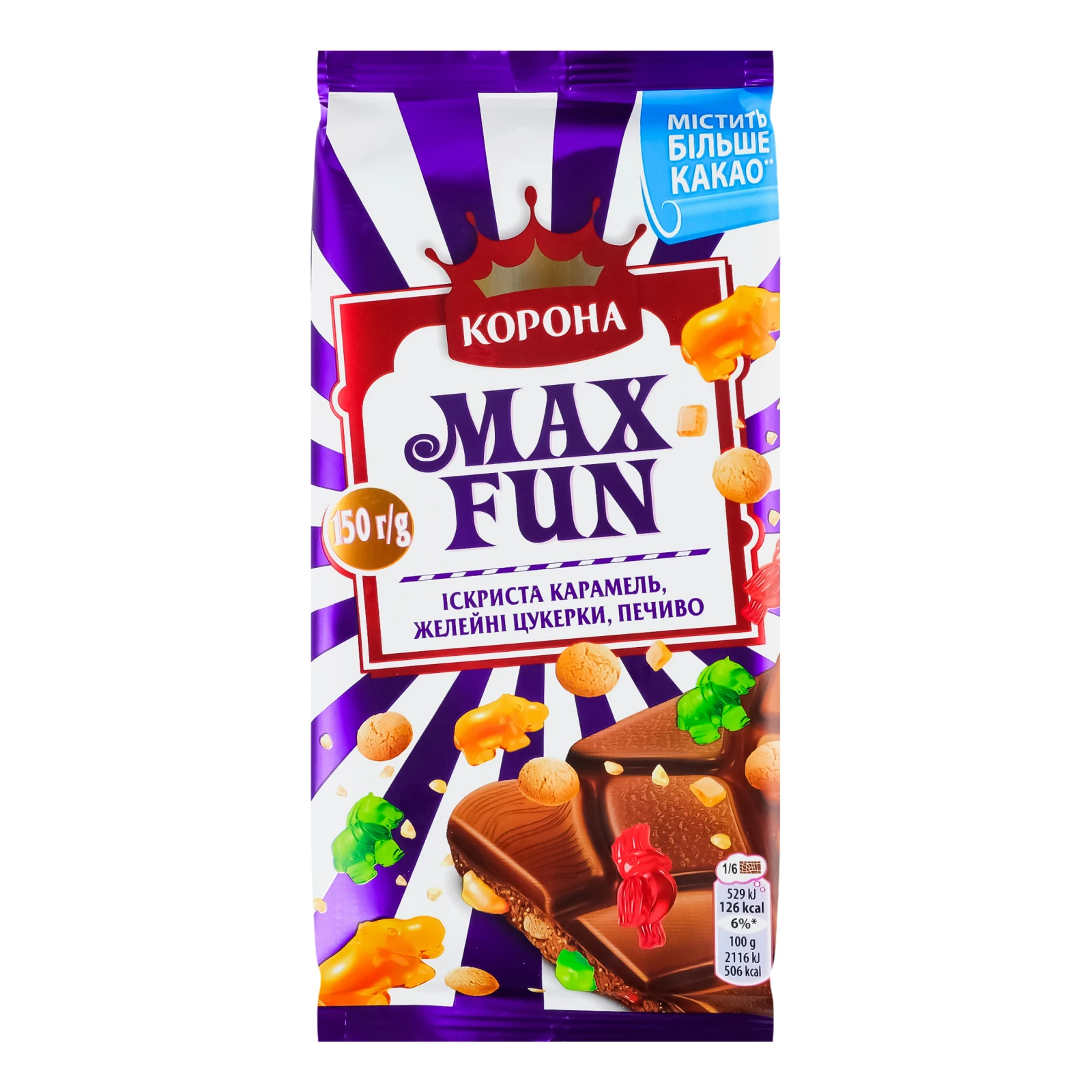 Шоколад Корона Max Fun молочний Іскриста карамель, желейні цукерки, печиво 150г Фото №:1