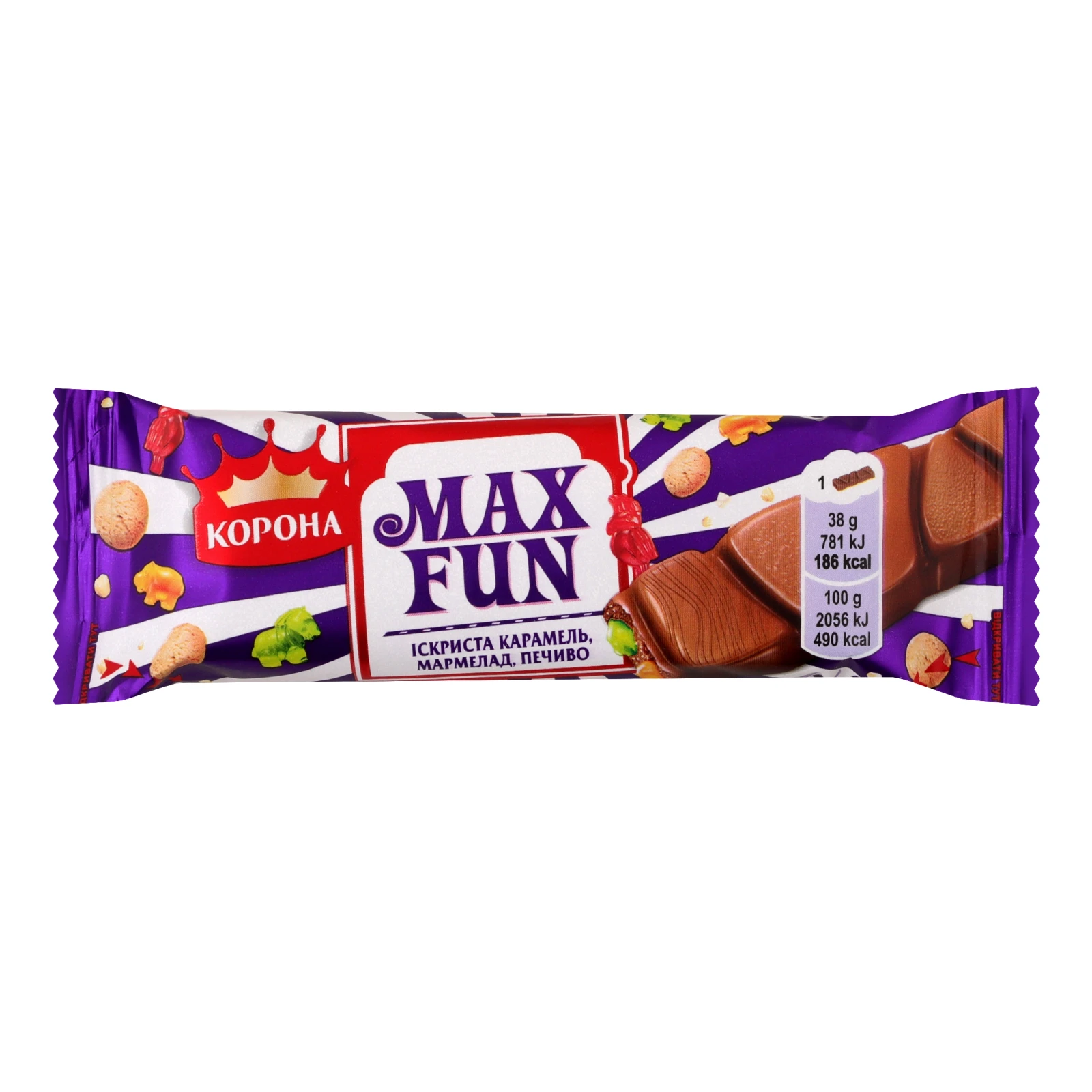 Шоколад Корона Max Fun молочний Іскриста карамель-мармелад-печиво 38г Фото навігації №:1