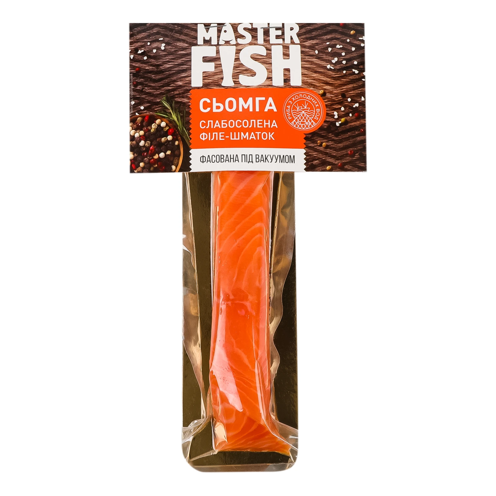 Сьомга Master Fish слабосолона філе-шматок на шкірі перший сорт 130г Фото №:1