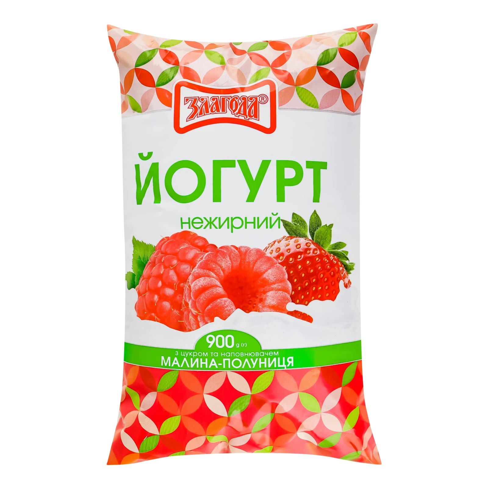 Йогурт Злагода з цукром нежирний Малина-полуниця 900г
