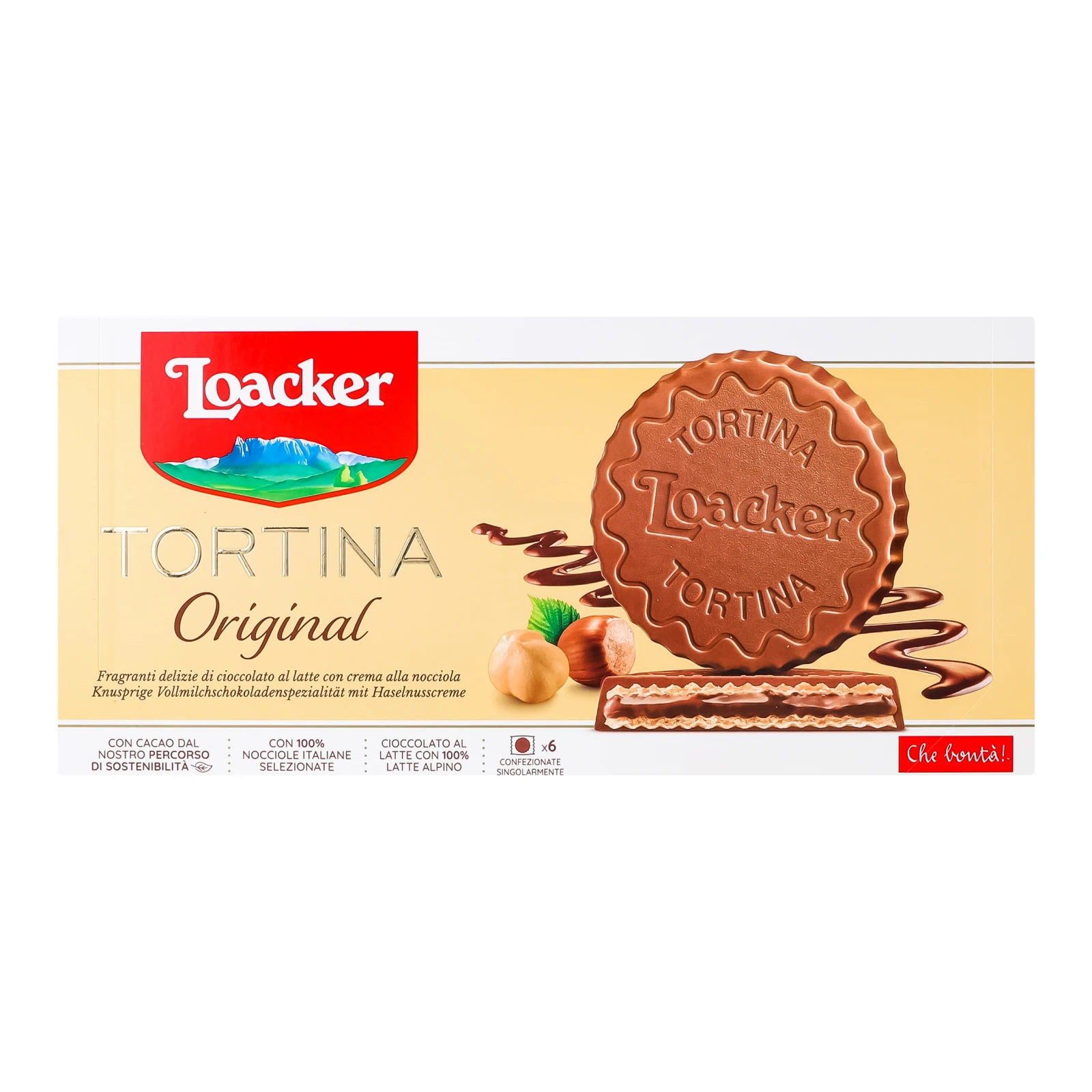 Шоколад Loacker Tortina Original молочний із горіховою кремовою начинкою та хрусткими вафлями 6х21г