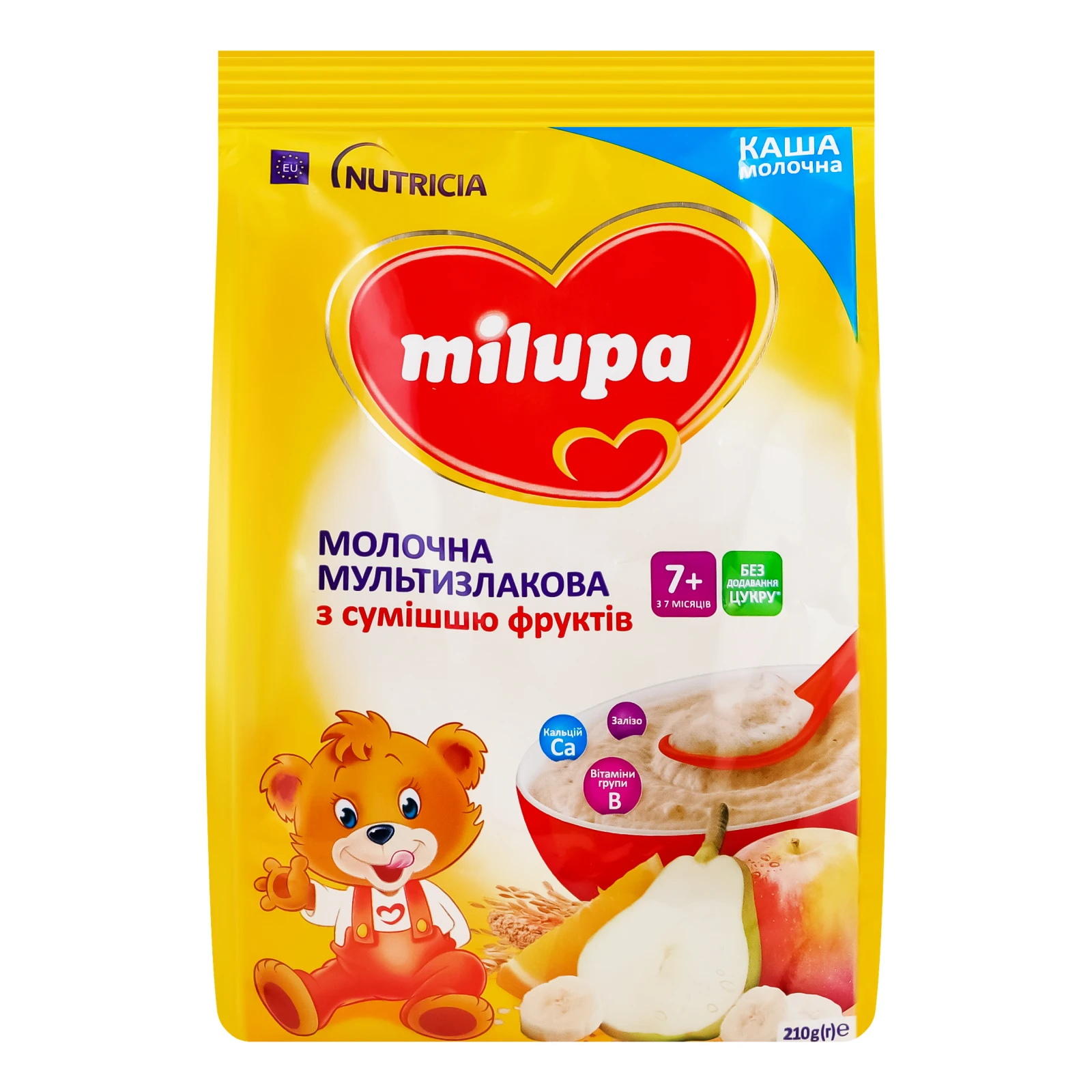 Каша дитяча Milupa суха молочна мультизлакова з сумішшю фруктів для дітей від 7-ми місяців 210г Фото №:1