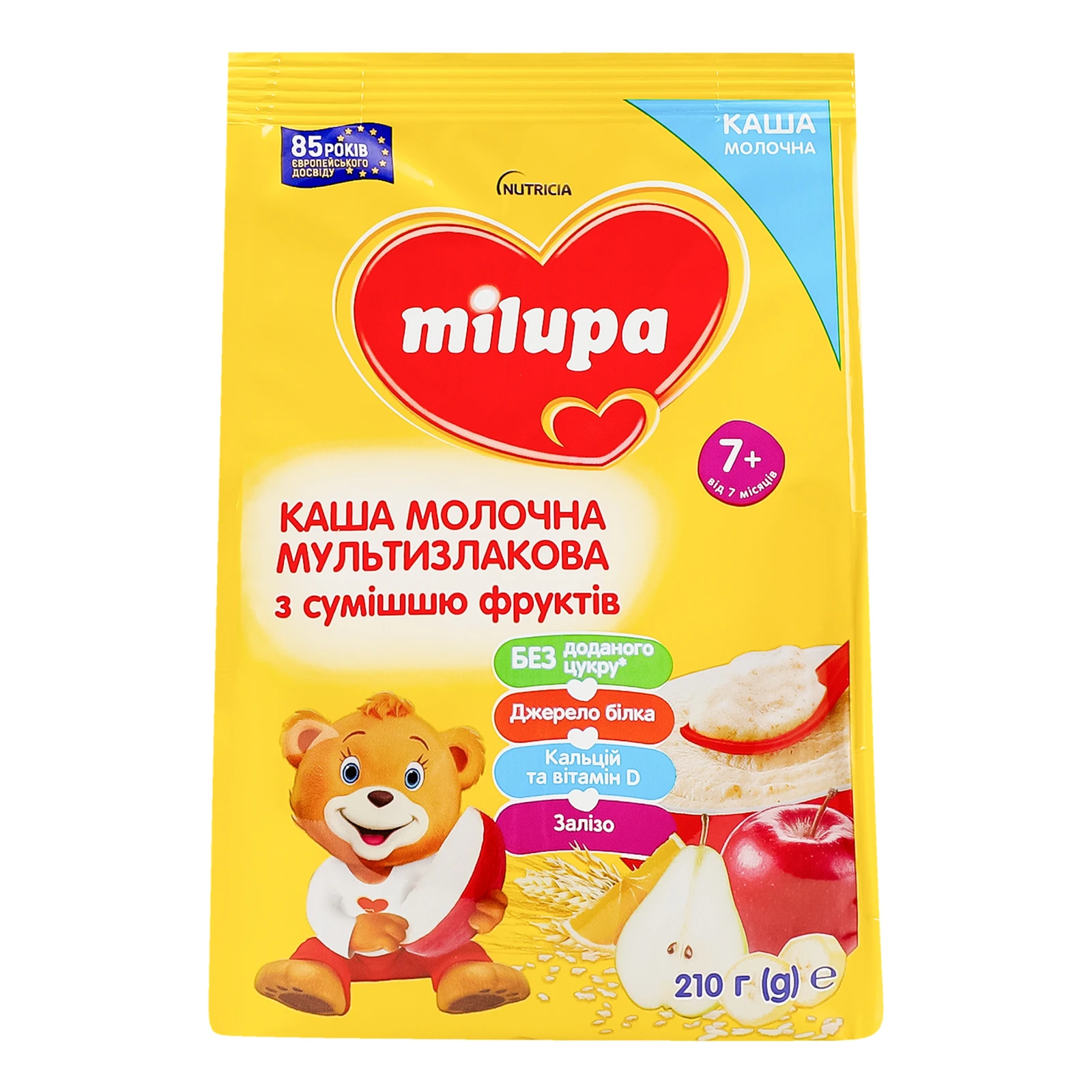 Каша дитяча Milupa суха молочна мультизлакова з сумішшю фруктів для дітей від 7-ми місяців 210г Фото №:1