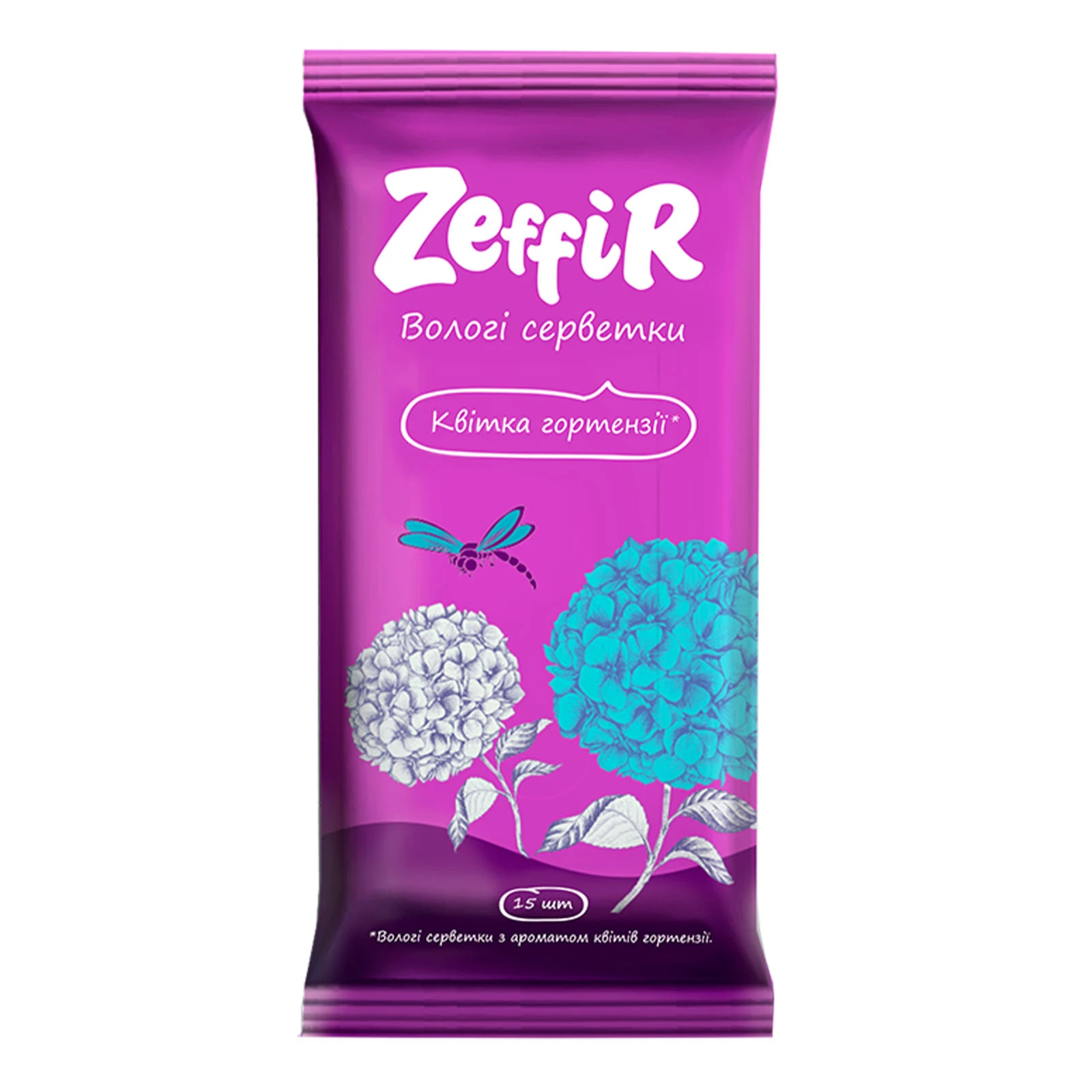 Серветки вологі Zeffir Квітка гортензії 15шт Фото №:1