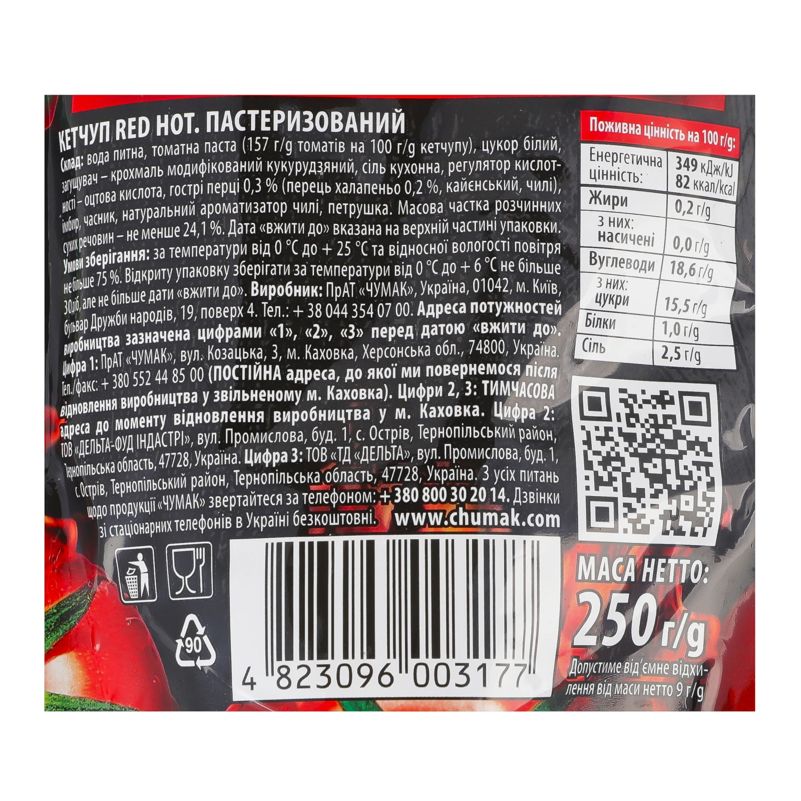 Кетчуп Чумак Red Hot з гострим перцем халапеньо пастеризований 250г Фото №:3