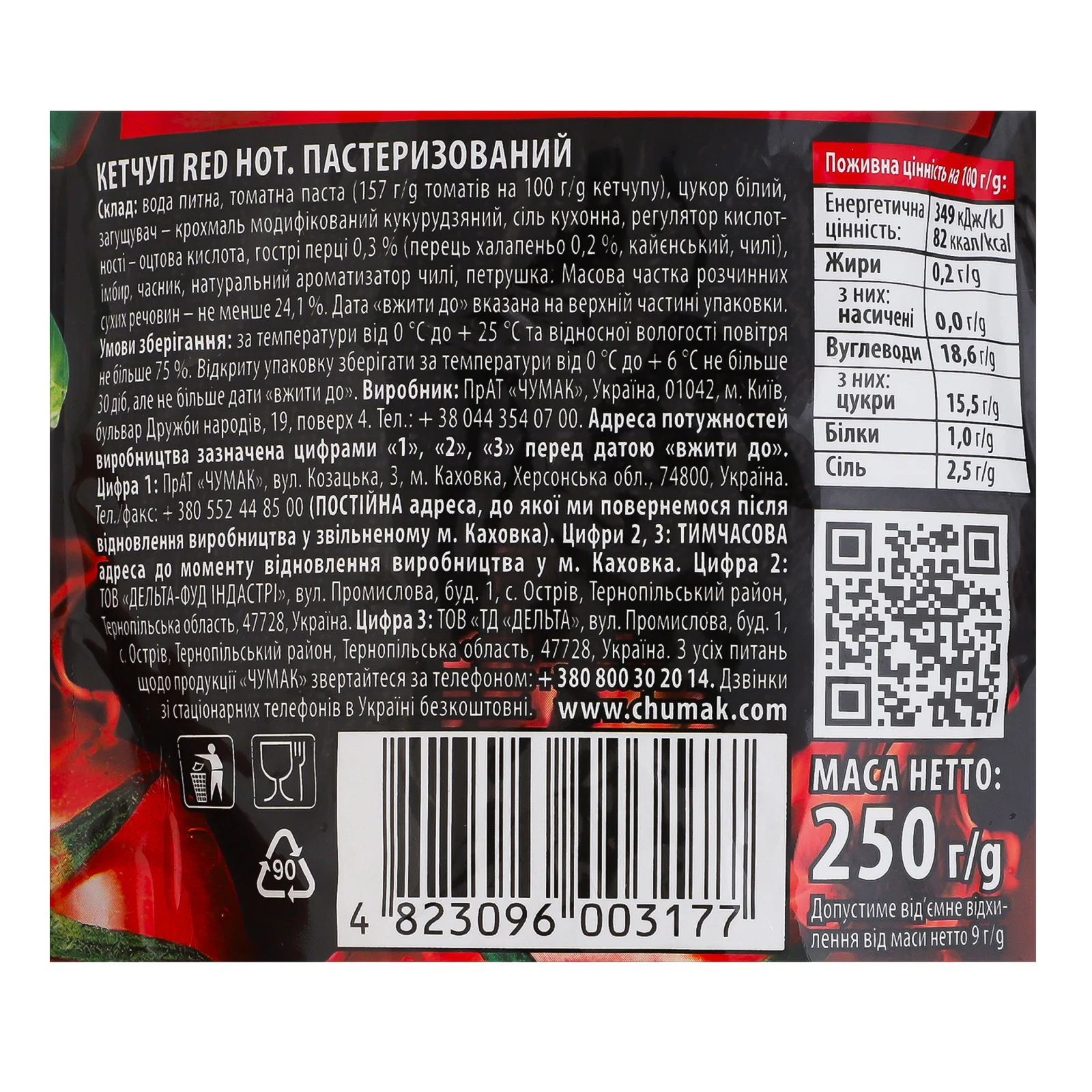 Кетчуп Чумак Red Hot Сміливий з гострим перцем халапеньо пастеризований 250г Фото №:3