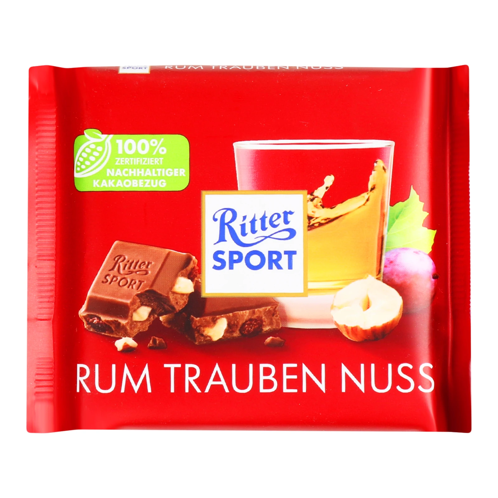 Шоколад Ritter Sport молочний з родзинками, ромом та шматочками фундука 100г Фото №:1