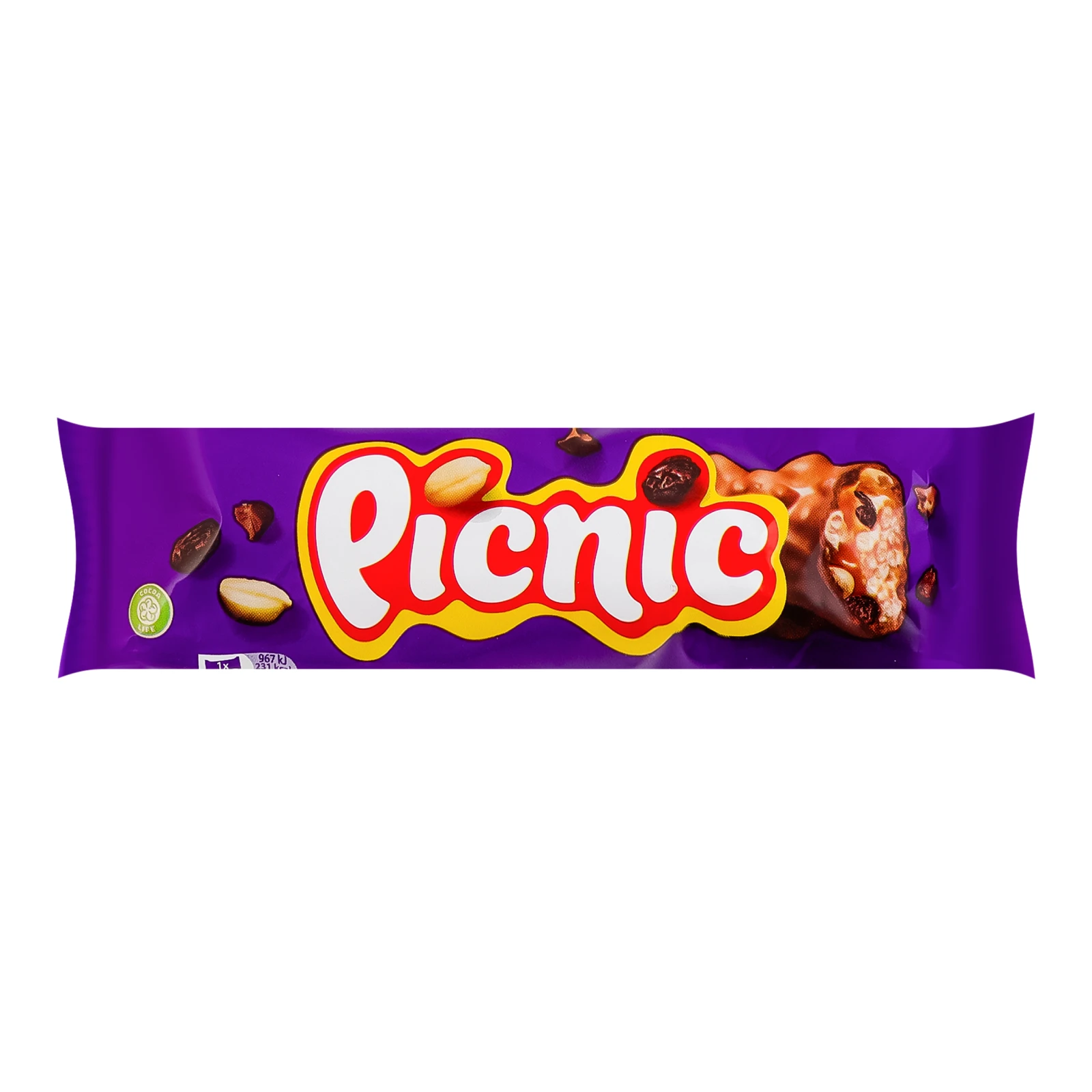Батончик Picnic з родзинками, арахісом, пластівцями та карамеллю покритий молочним шоколадом 48г Фото №:1